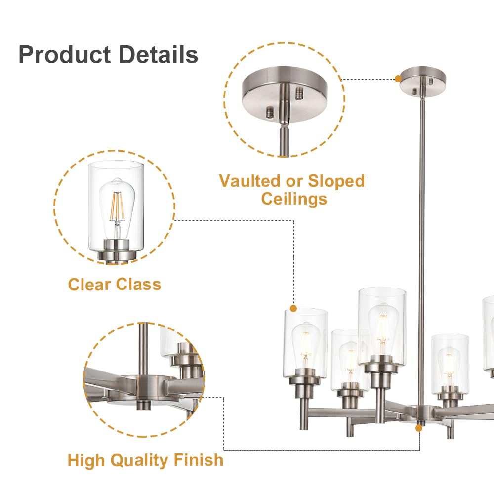 VINLUZ 6-Light Modern Chandelier with Brushed Nickel Finish & Clear Glass Shades - Contemporary Cylinder Pendant Lighting Fixture for Dining Room, Living Room, Kitchen | Perfect for Home Decor, Interior Design, and Ambient Lighting