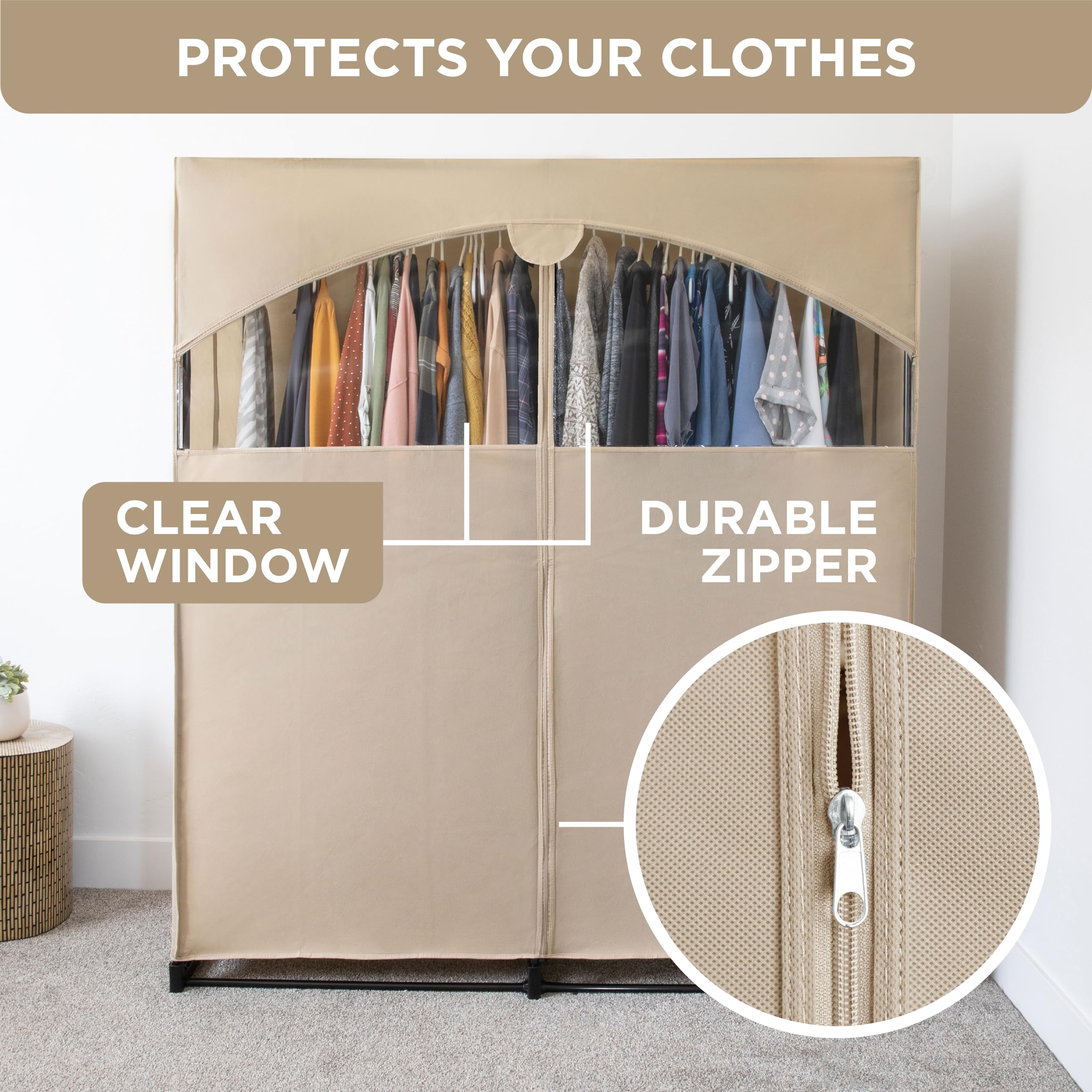 Premium Heavy Duty Portable Wardrobe Closet with Beige Cover - Large Metal Hanging Rod, 50 lb Capacity - Easy No-Tool Assembly for Travel, Camping & Temporary Storage