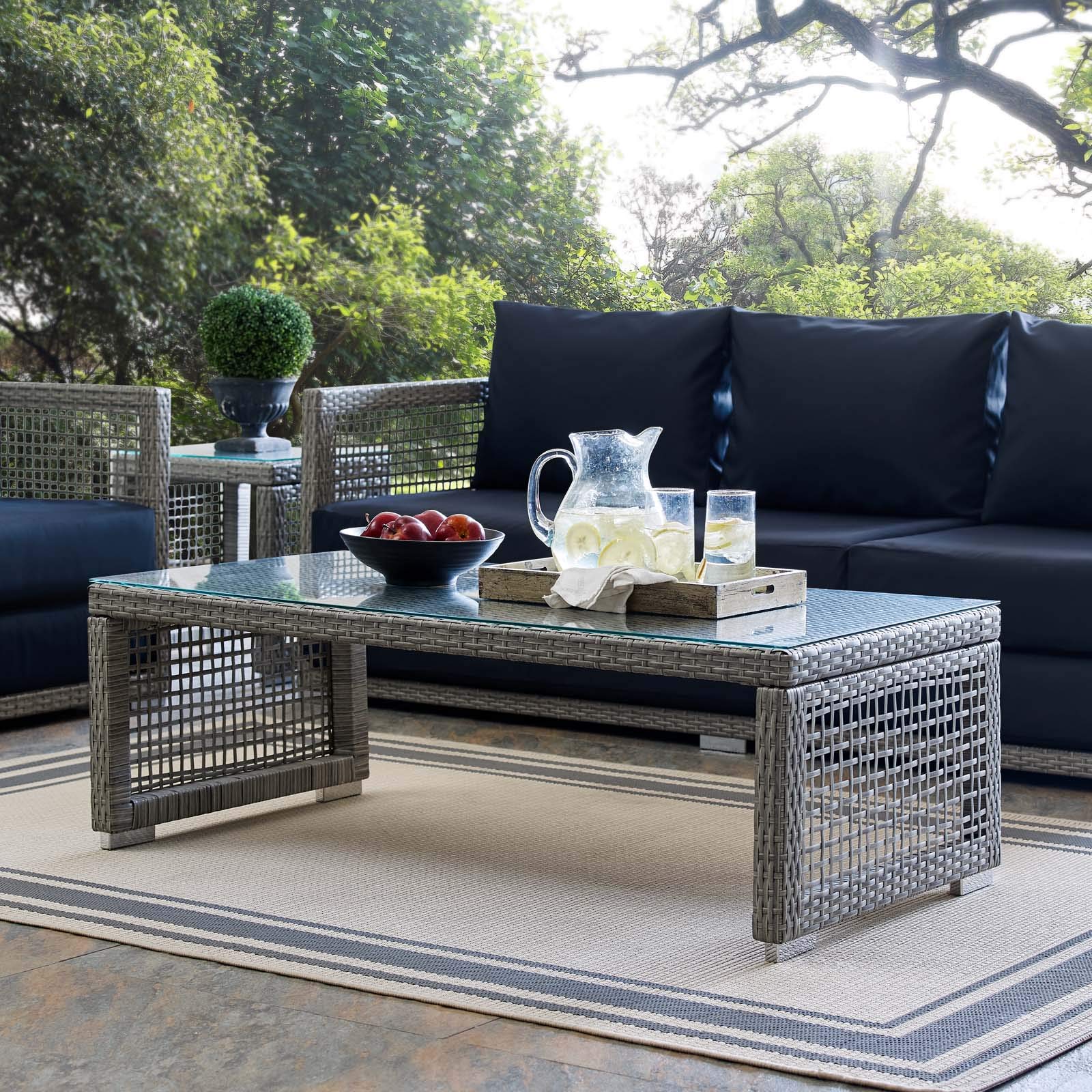 Modern Contemporary Outdoor Patio Coffee Table - Rattan Wicker Glass Top Lounge Table in Gray for Balcony, Garden, Poolside & Backyard Decor