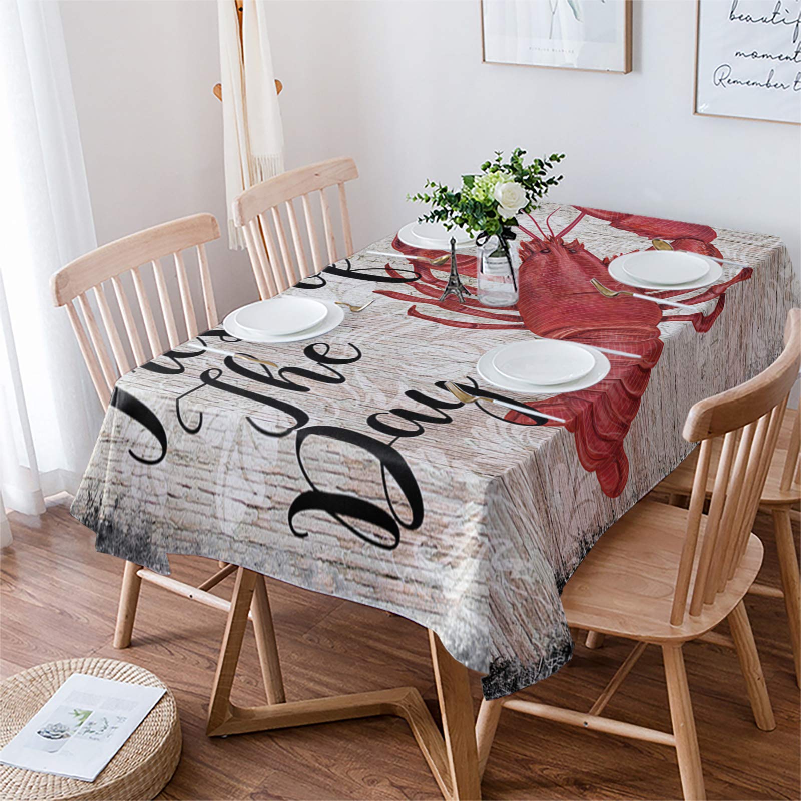 60x84 Inch Waterproof Wipeable Polyester Tablecloth for Rectangle Tables - Rustic Wood Print Kitchen Dining Table Cover for Holiday Parties, Dinner Decor & Everyday Use | Lobster & Fresh of The Day Design