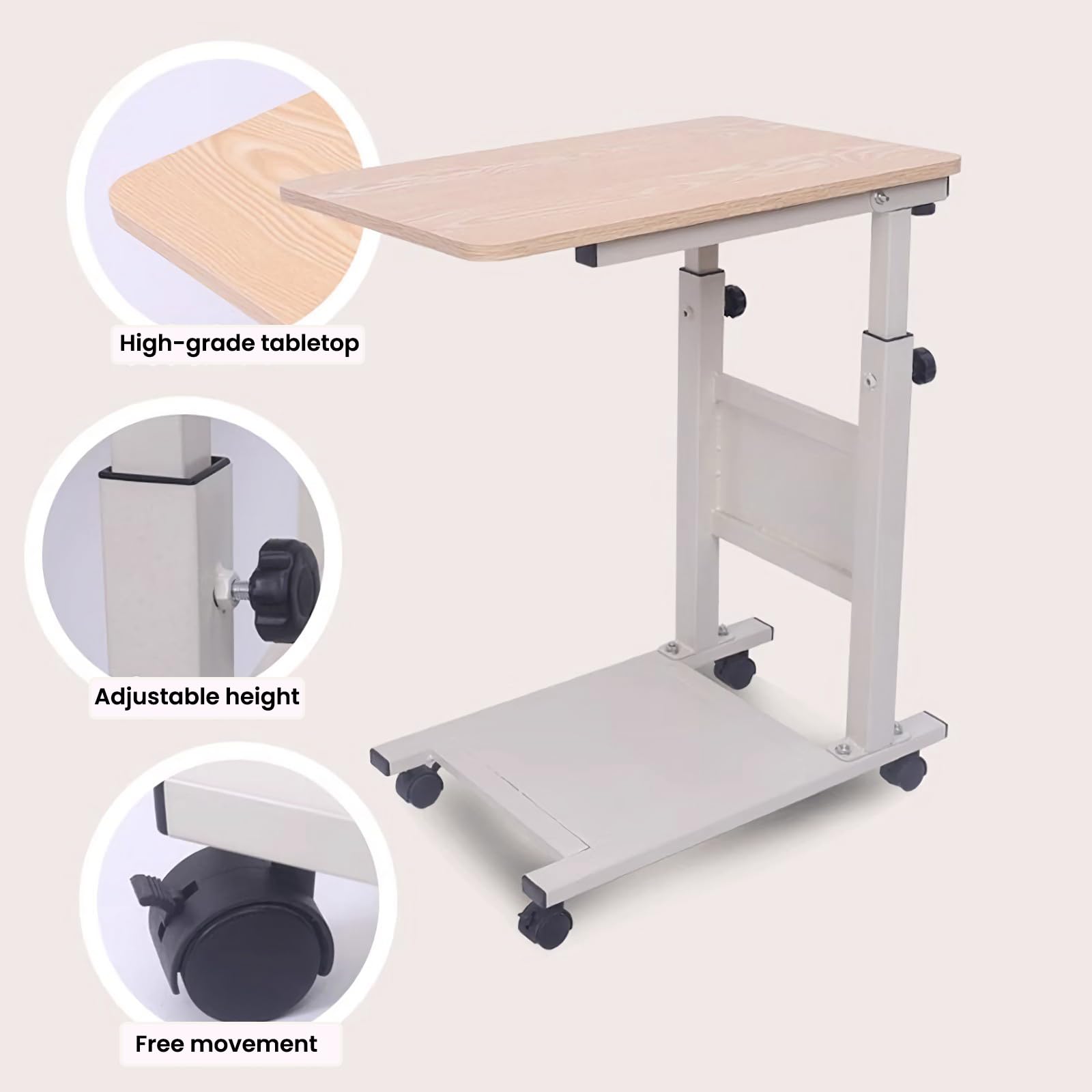 Adjustable Over Bed Table with Wheels - Rolling Hospital Tray Table, C-Shaped Bedside Table for Laptop, Meals & Snacks - Perfect for Hospital, Home Care, Wheelchair & Sofa Use