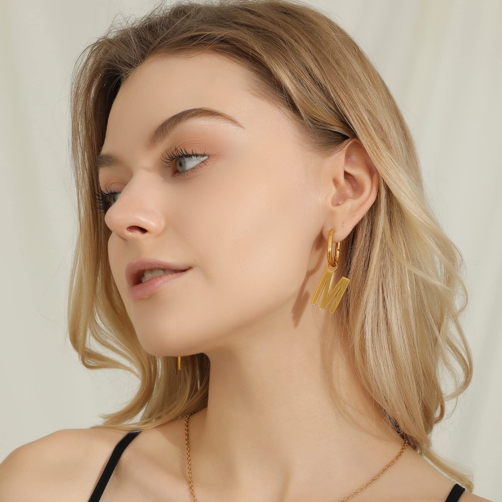GoldChic Initial Letter Earrings for Women - Stainless Steel U-Shape Alphabet Hoop Drop Earrings (Gold) - Perfect for Everyday Wear, Date Nights & Gifts