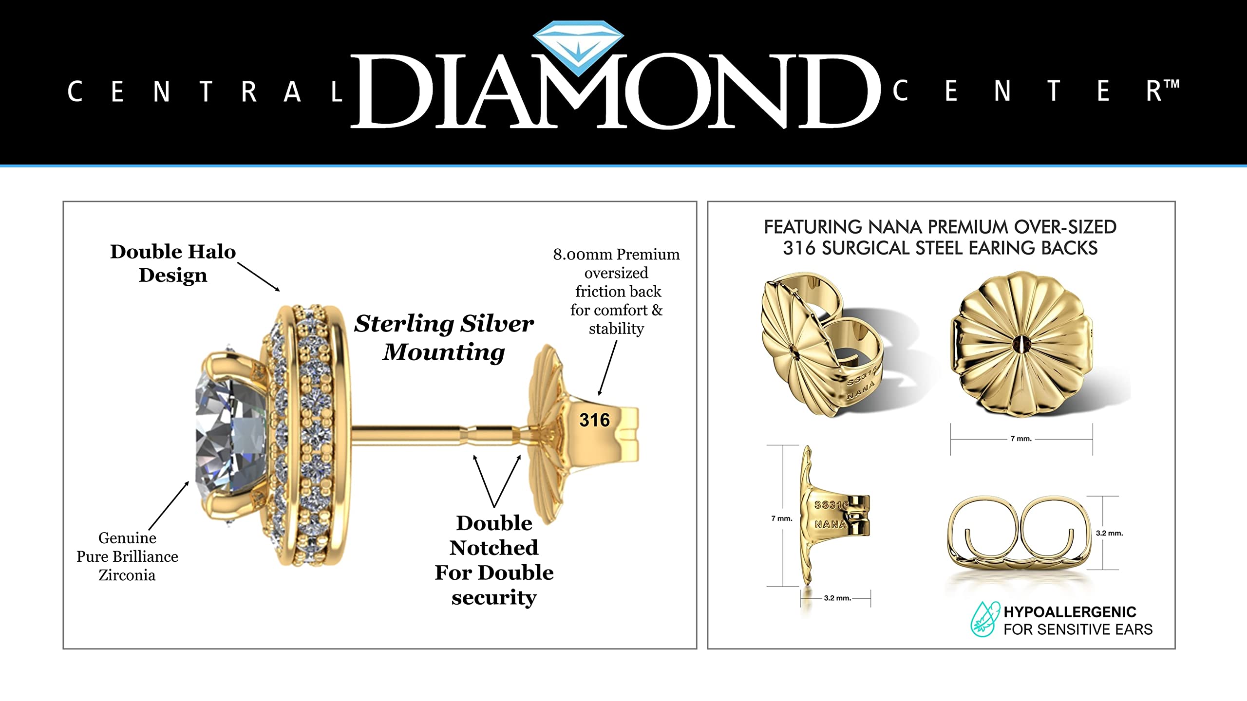 Central Diamond Round Halo Earrings & Necklace Set - 6.5mm Simulated Birthstones in 925 Sterling Silver, Hypoallergenic Jewelry for Women - Perfect for Birthdays, Anniversaries & Special Occasions