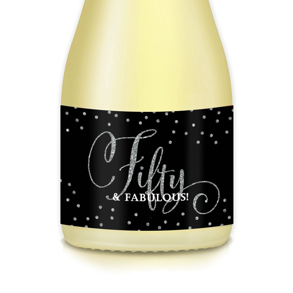 50th Birthday Gift Ideas for Women - Set of 20 'Fifty & Fabulous' Mini Champagne & Wine Bottle Labels - Perfect for Mom, Wife, Sister, Friend or Coworker - Great for Birthday Parties, Celebrations & Decorations