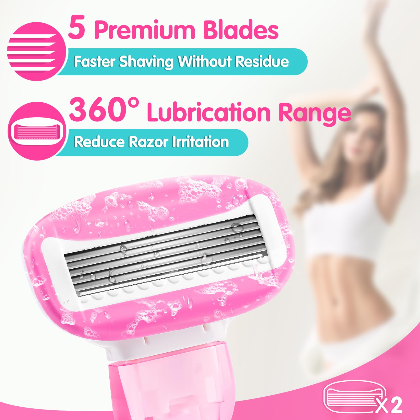 DreamGenius Women's 5-Blade Travel Razor with 2 Cartridges & Case - Ultra Smooth Shaving for Legs, Underarms & Bikini Line - Perfect for Vacation, Gym & On-The-Go Grooming (Pink)