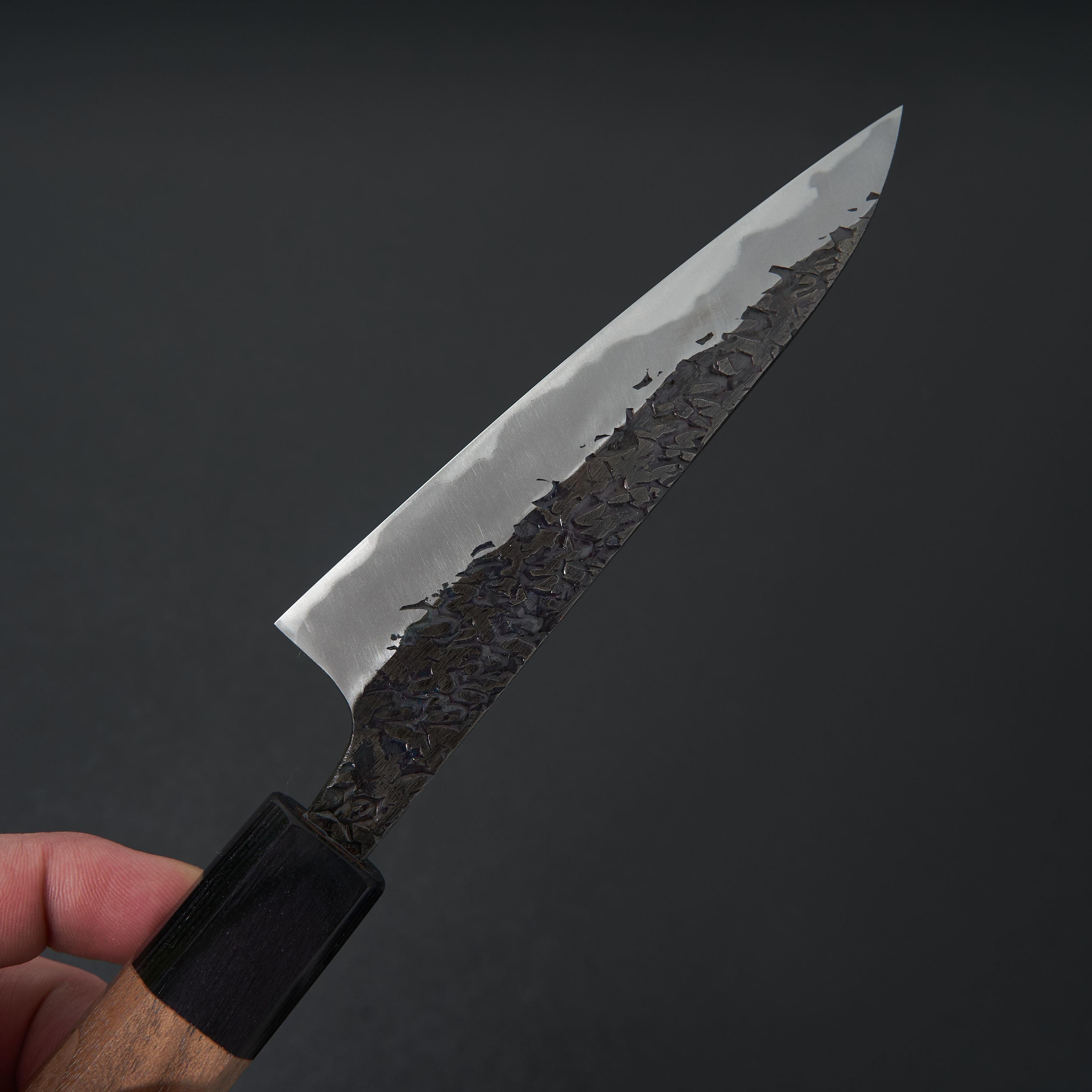 Premium Japanese Manaka Hamono Kisuke Blue #2 Kurouchi Tsuchime Petty Knife 120mm - High Carbon Steel Kitchen Knife for Slicing, Peeling & Precision Cutting - Perfect for Chefs & Home Cooking