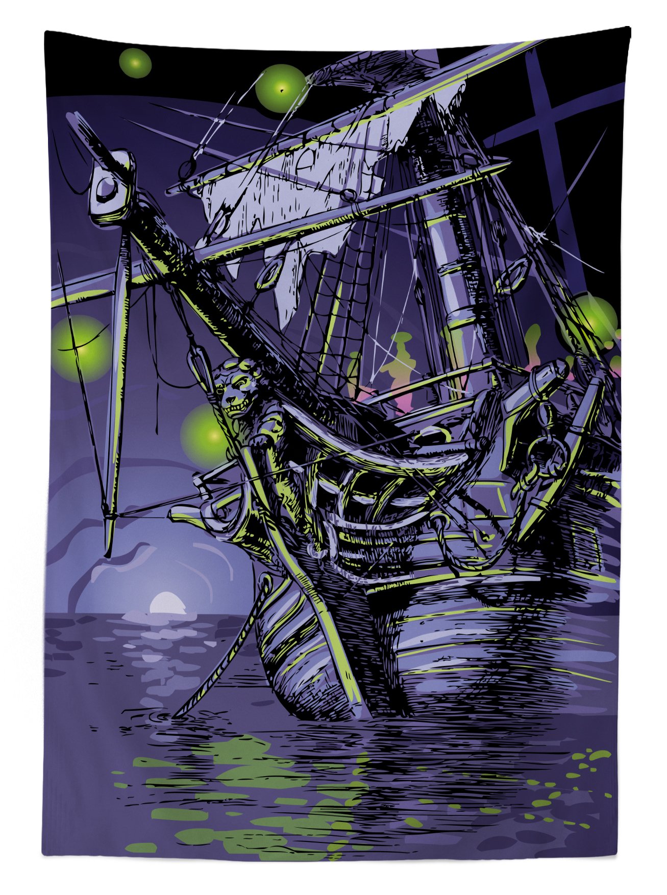 Ambesonne Pirate Ship Waterproof Outdoor Tablecloth - Ghost Ship Fantasy Caribbean Ocean Adventure Design, Haunted Vessel Themed Washable Picnic Table Cover 58x120 Inches Purple & Lime Green - Perfect for Halloween Parties, Pirate Themed Events, and Beach Picnics