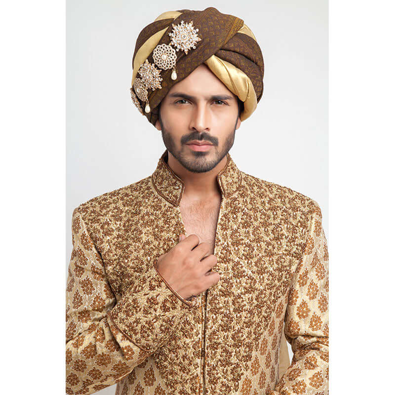 Antique Gold Brocade Silk Sherwani for Men | Elegant Indian Wedding Attire | Perfect for Groom Outfits, Festive Occasions & Cultural Celebrations