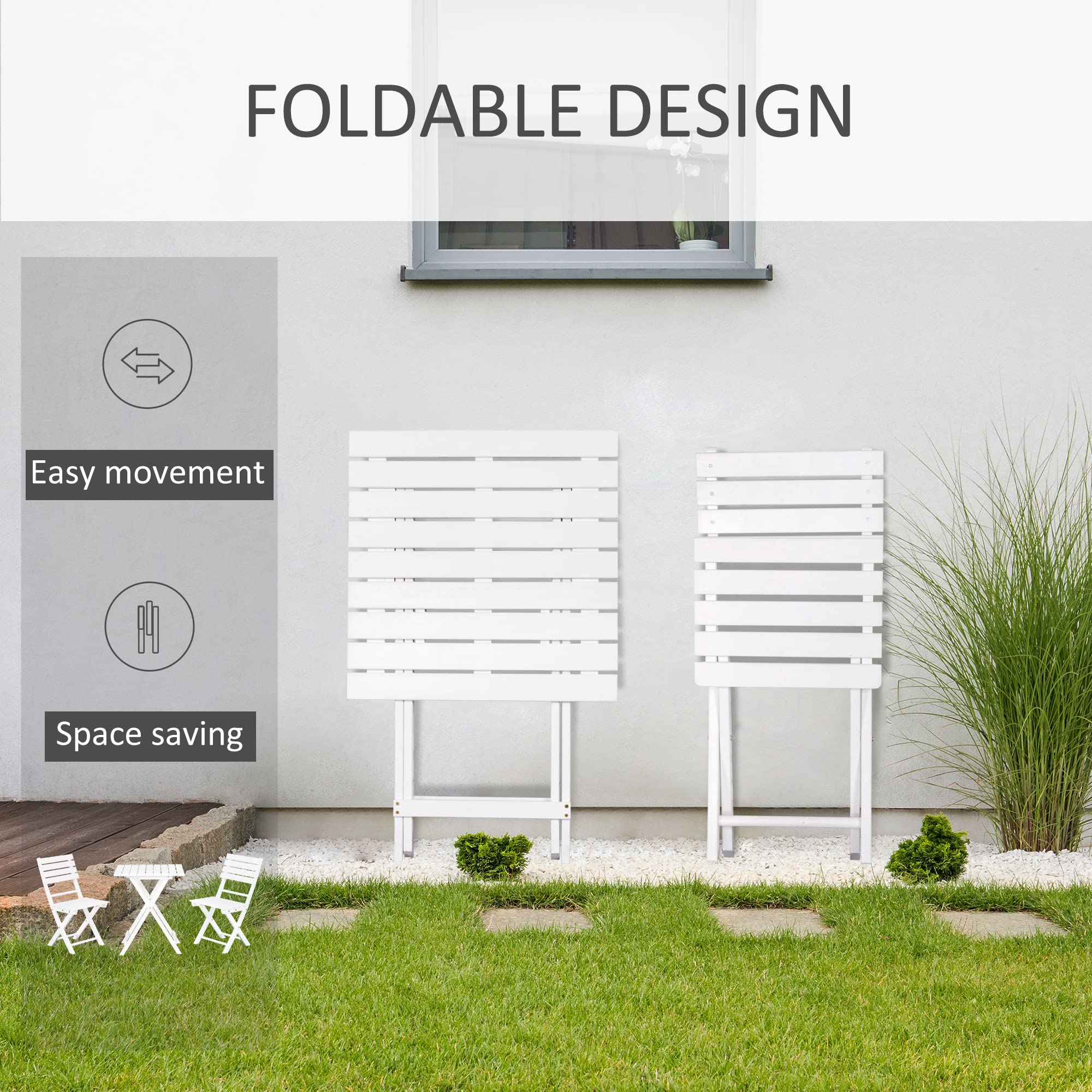 Outsunny 3-Piece Wood Folding Bistro Set with Square Table & Chairs - White Outdoor Patio Furniture for Backyard, Balcony, Garden & Small Spaces