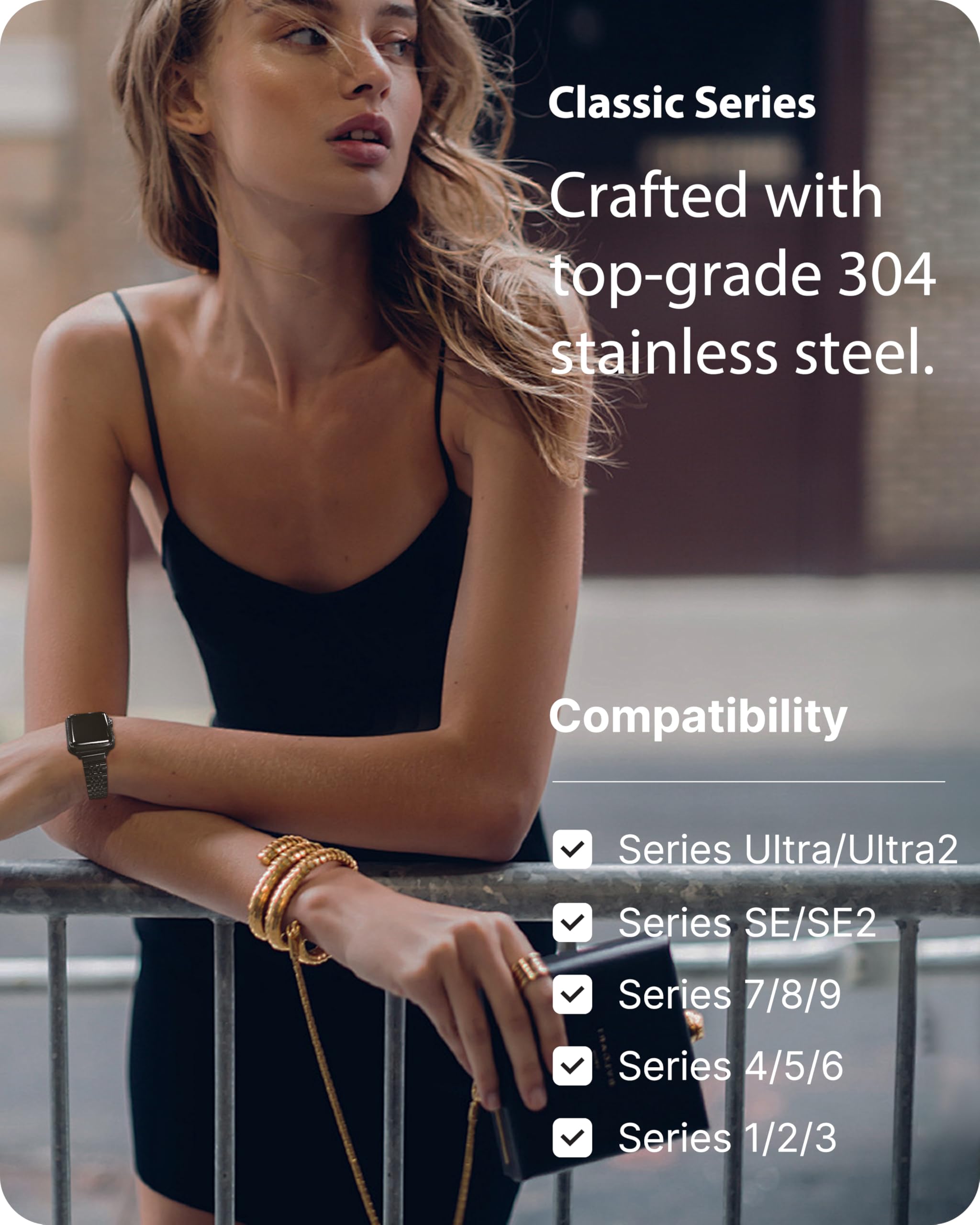 Fullmosa Slim Metal Strap for Apple Watch 38mm 40mm 41mm 42mm - Stainless Steel Thin Replacement Band Compatible with Series 10/9/8/7/6/SE/5/4/3/2/1 - Elegant Black Watch Strap for Women - Perfect for Work, Gym & Everyday Wear