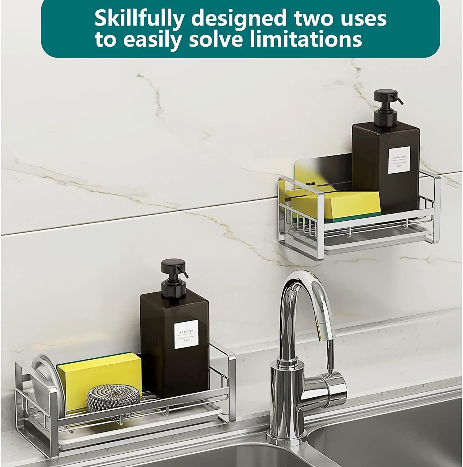 304 Stainless Steel Kitchen Sink Organizer & Sponge Holder - Sink Caddy with Removable Tray, Drainer Rack for Brushes & Soap - Perfect for Kitchen Organization & Countertop Storage (Dispenser & Brush Not Included)