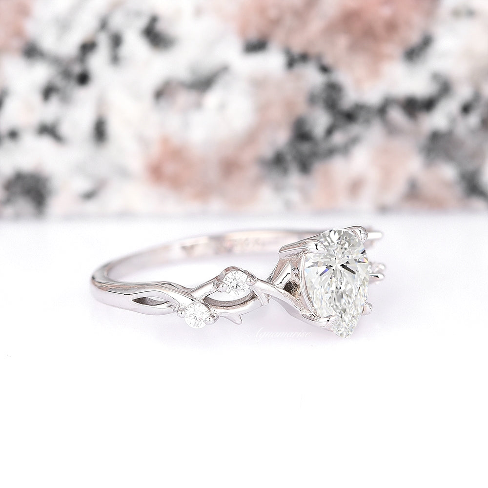 Teardrop Moissanite Leaf Engagement Ring 14K White Gold - Elegant Nature-Inspired Wedding Band for Women, Perfect for Proposals, Anniversaries & Everyday Wear
