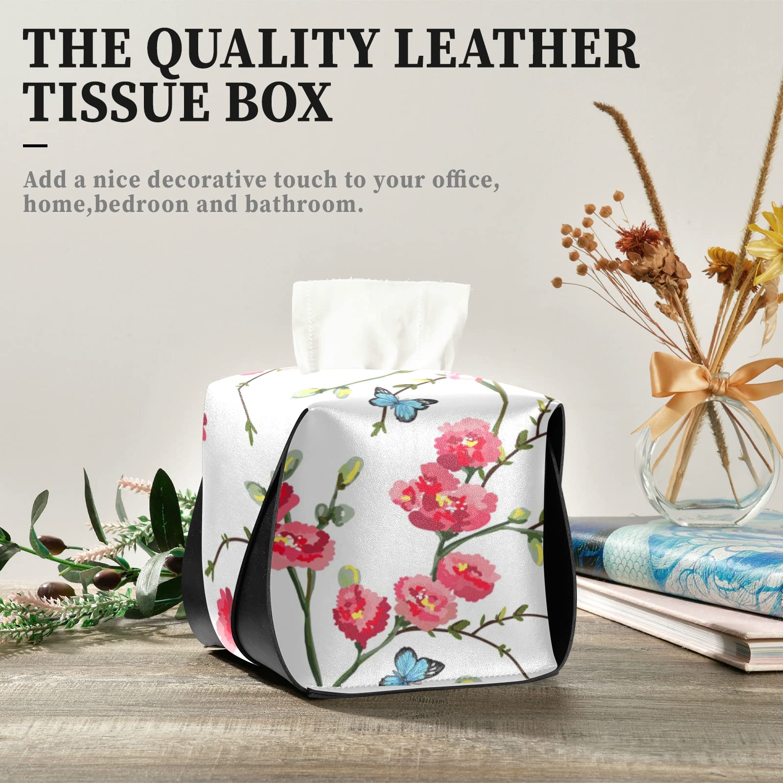 Japanese Style Spring Tree Branches with Red Flowers, Birds & Green Leaves - Rectangular Leather Tissue Box Cover with Handle for Bathroom, Home, Nightstand, Vanity, Office Desk & Car (5.7x5.7x5.7 inches) - Perfect for Home Decor, Gift Giving & Everyday Use