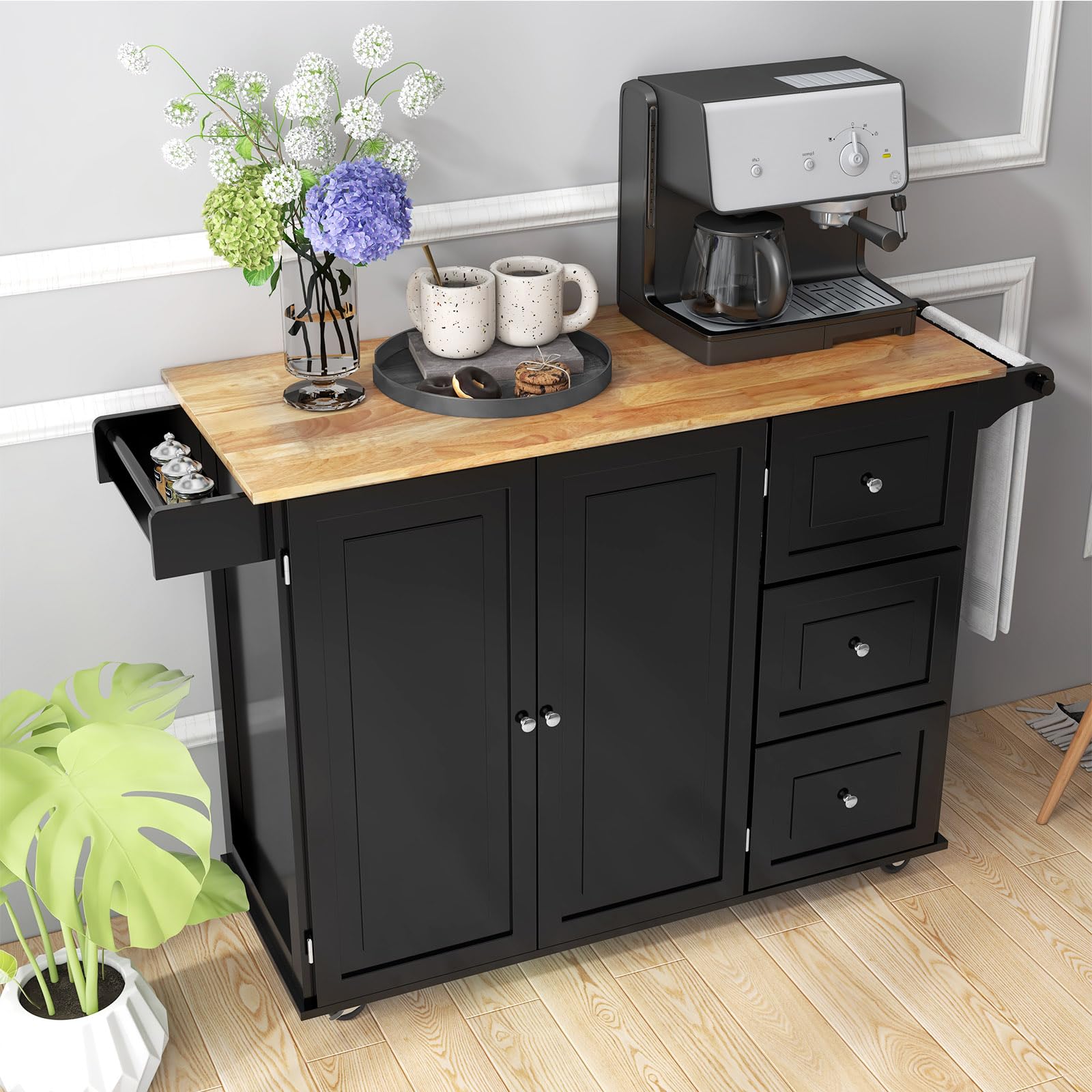 GOFLAME Kitchen Island Cart with Drop Leaf - Rolling Kitchen Cart on Wheels with Rubber Wood Top, 3 Drawers, Towel & Spice Rack, 2-Door Cabinet - Perfect Serving Trolley for Small Kitchens, Dining Rooms & Breakfast Nooks (Black)