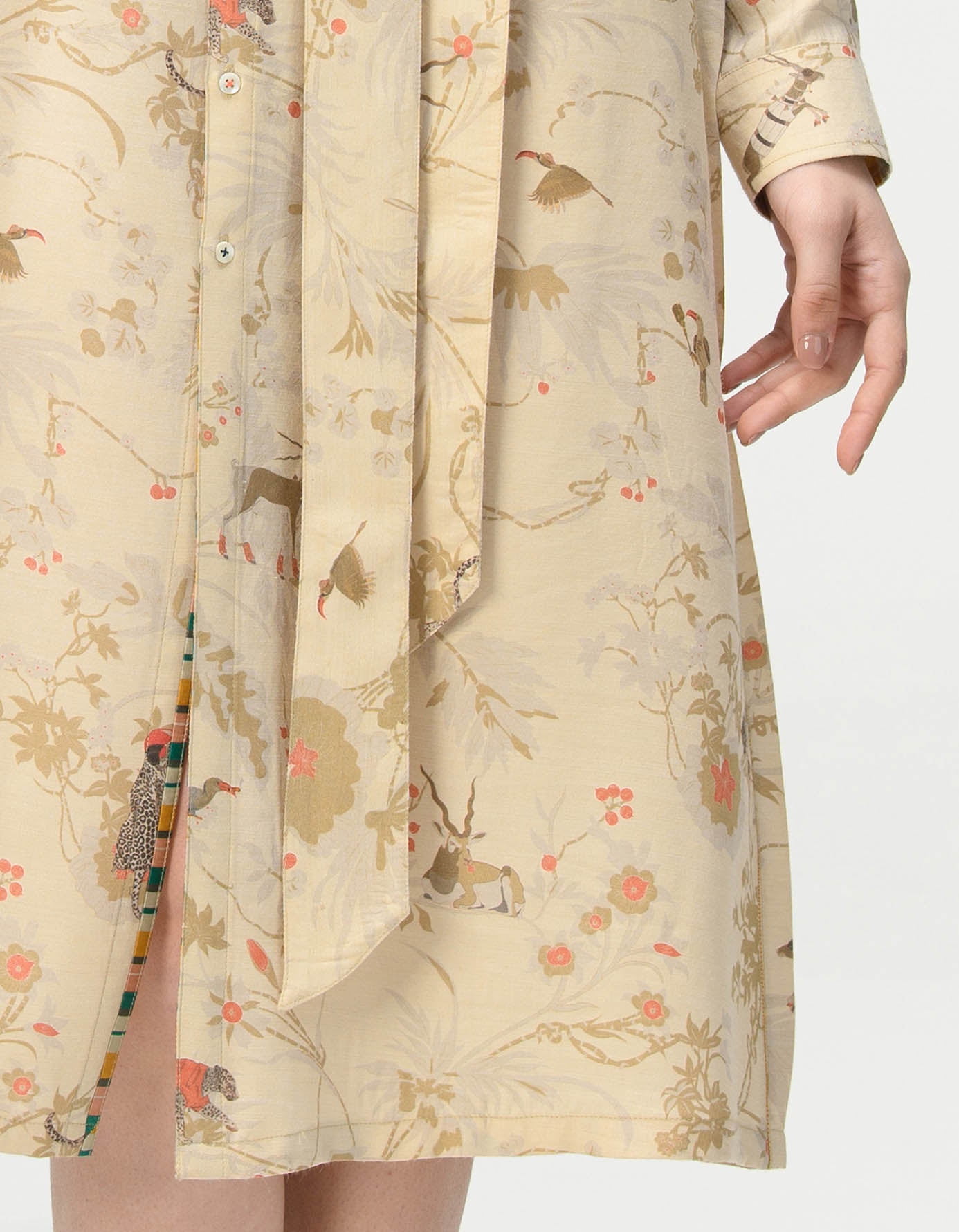 Elegant Tie Belt Shirt Dress in Muga Satin Ivory - Perfect for Office Wear, Casual Outings & Special Occasions