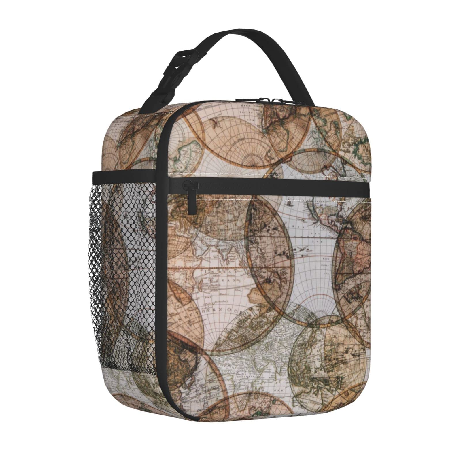 Vintage World Map Lunch Bag with Ice Packs - Reusable Insulated Tote for Women & Men - Perfect for School, Work, Office, Travel & Picnic - Portable Cooler Lunch Box for Daily Use