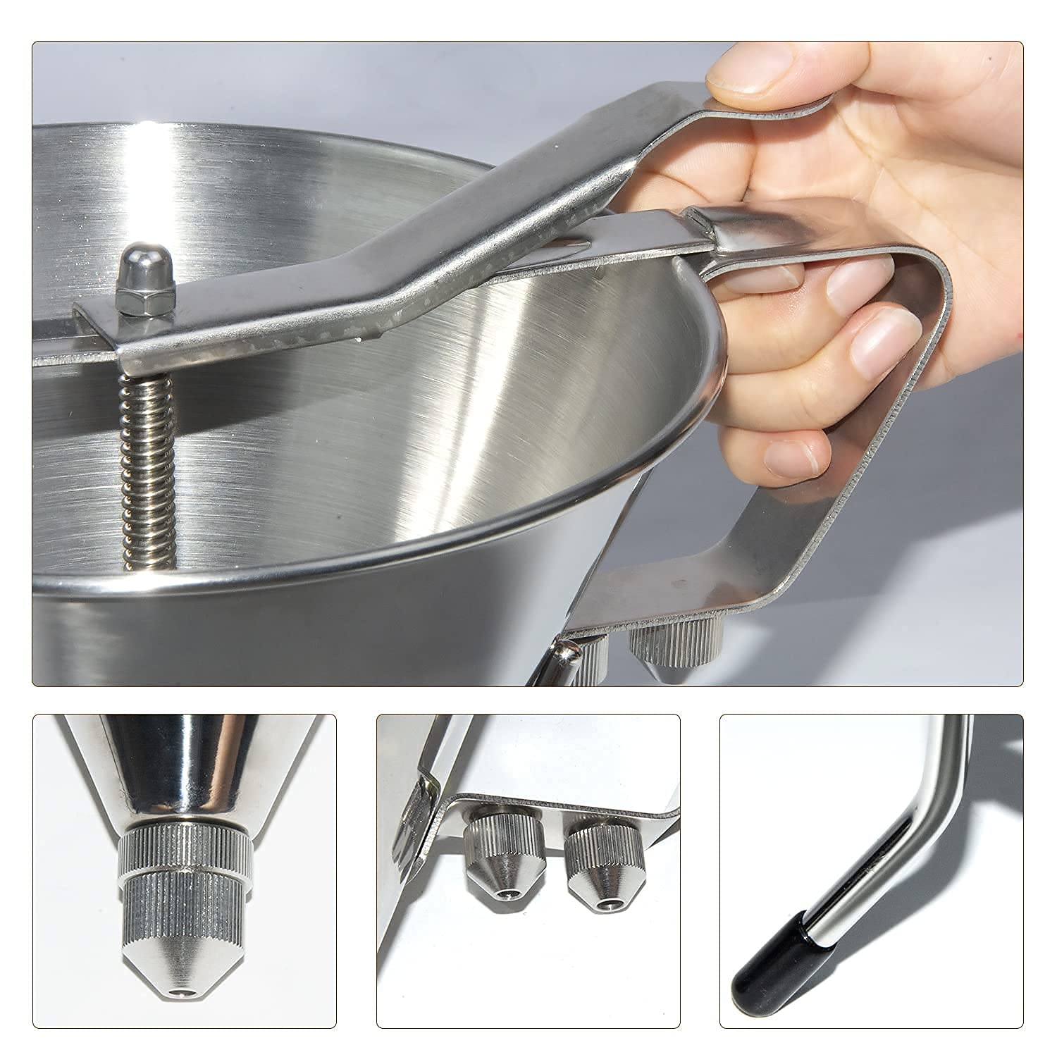 Stainless Steel Pancake Batter Dispenser with Stand - 3 Nozzles Funnel Cake Maker for Pancakes, Waffles, Cupcakes & Takoyaki - 61oz Commercial Grade Confectionery Piston Funnel - Perfect for Breakfast, Desserts & Street Food Stalls