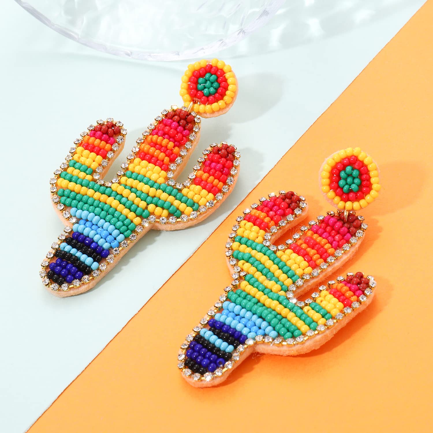 Boho Beaded Cactus Drop Earrings for Women - Rhinestone Rainbow Dangle Earrings, Handmade Jewelry for Girls | Perfect for Festivals, Parties & Boho Fashion