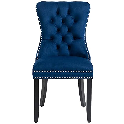 Set of 2 Blue Velvet Upholstered Dining Chairs with Nailhead Trim & Pull Ring - Elegant Accent Chairs for Dining Room, Kitchen, or Home Office Decor
