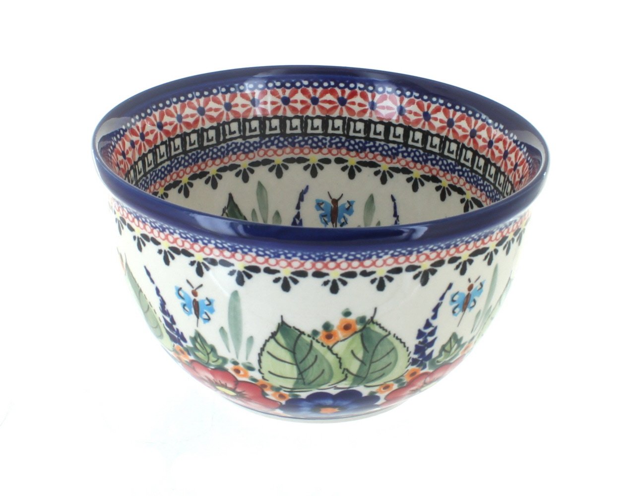Handmade Blue Rose Polish Pottery Mixing Bowl with Floral Butterfly Design - Perfect for Baking, Serving, and Kitchen Decor
