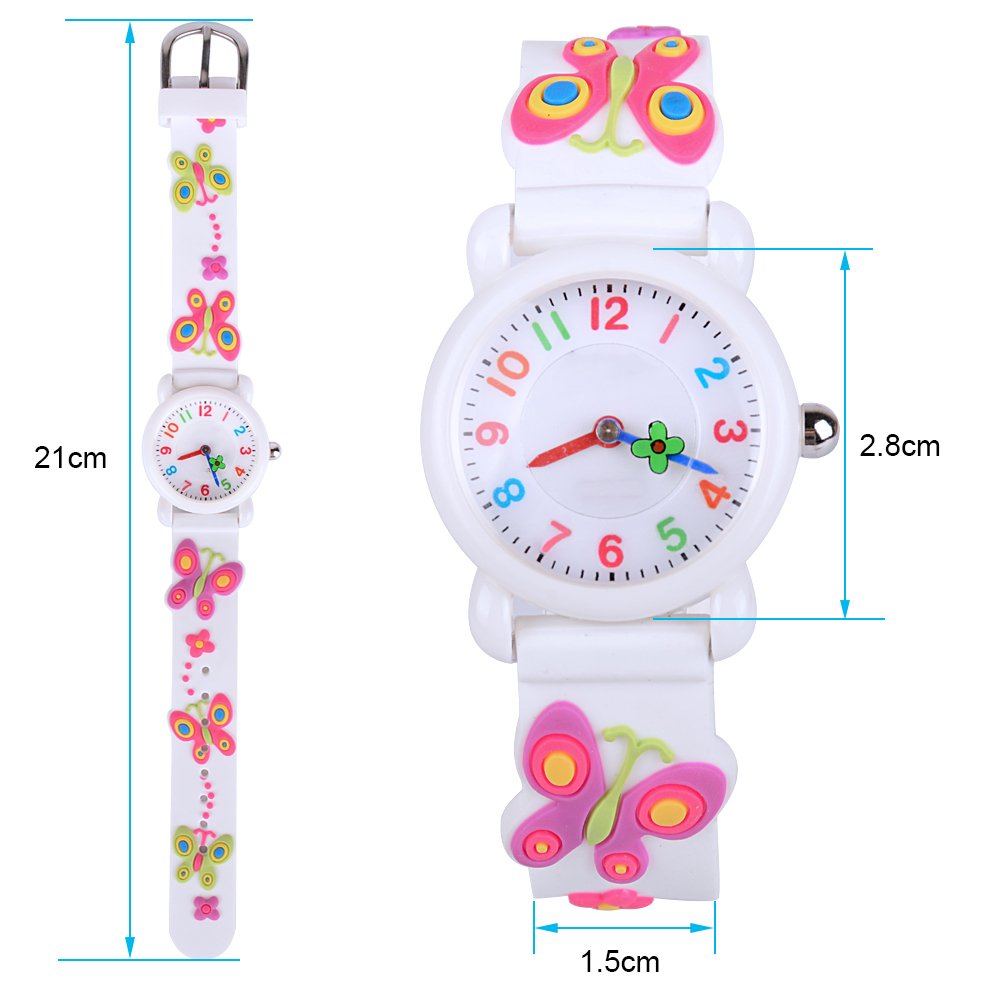 Venhoo Kids Watches - 3D Cute Cartoon Waterproof Silicone Wrist Watch for Girls Ages 3-10 - Perfect for School, Playtime & Outdoor Activities - White Butterfly Design