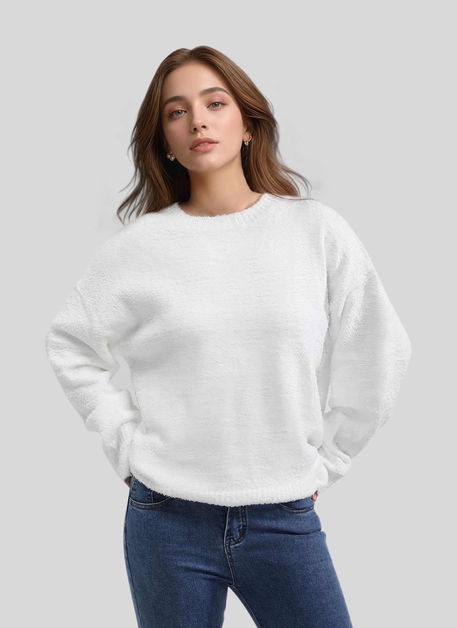 Women's Fuzzy Knit Crewneck Long Sleeve Sweater - Warm Winter Pullover Top for Fall 2025 | Cozy Casual Wear for Office, Dating & Weekend Outfits