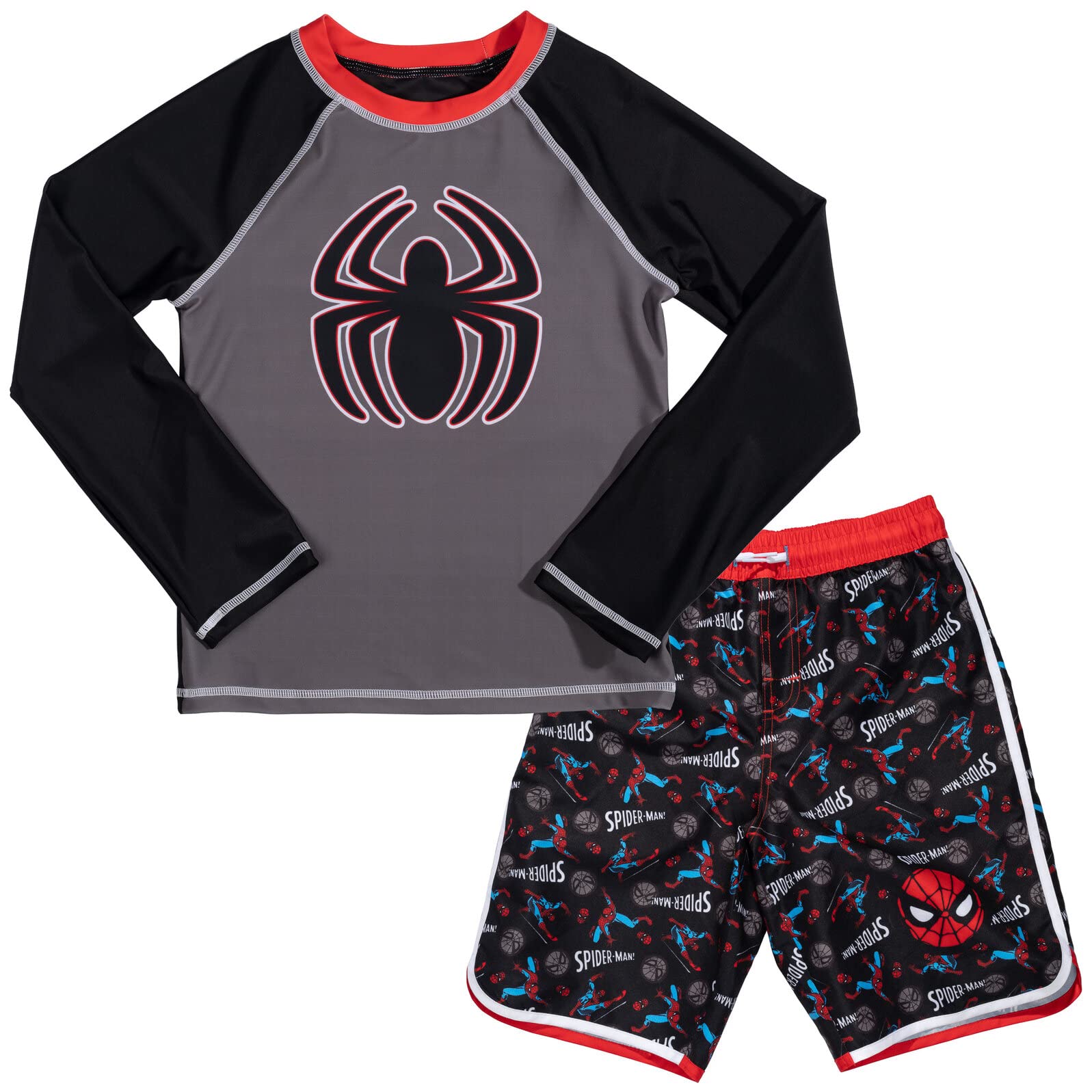 Marvel Avengers Spider-Man Boys' Rash Guard Swim Shirt & Swim Trunks Set - UPF 50+ Sun Protection for Swimming, Surfing, Beach & Pool Activities