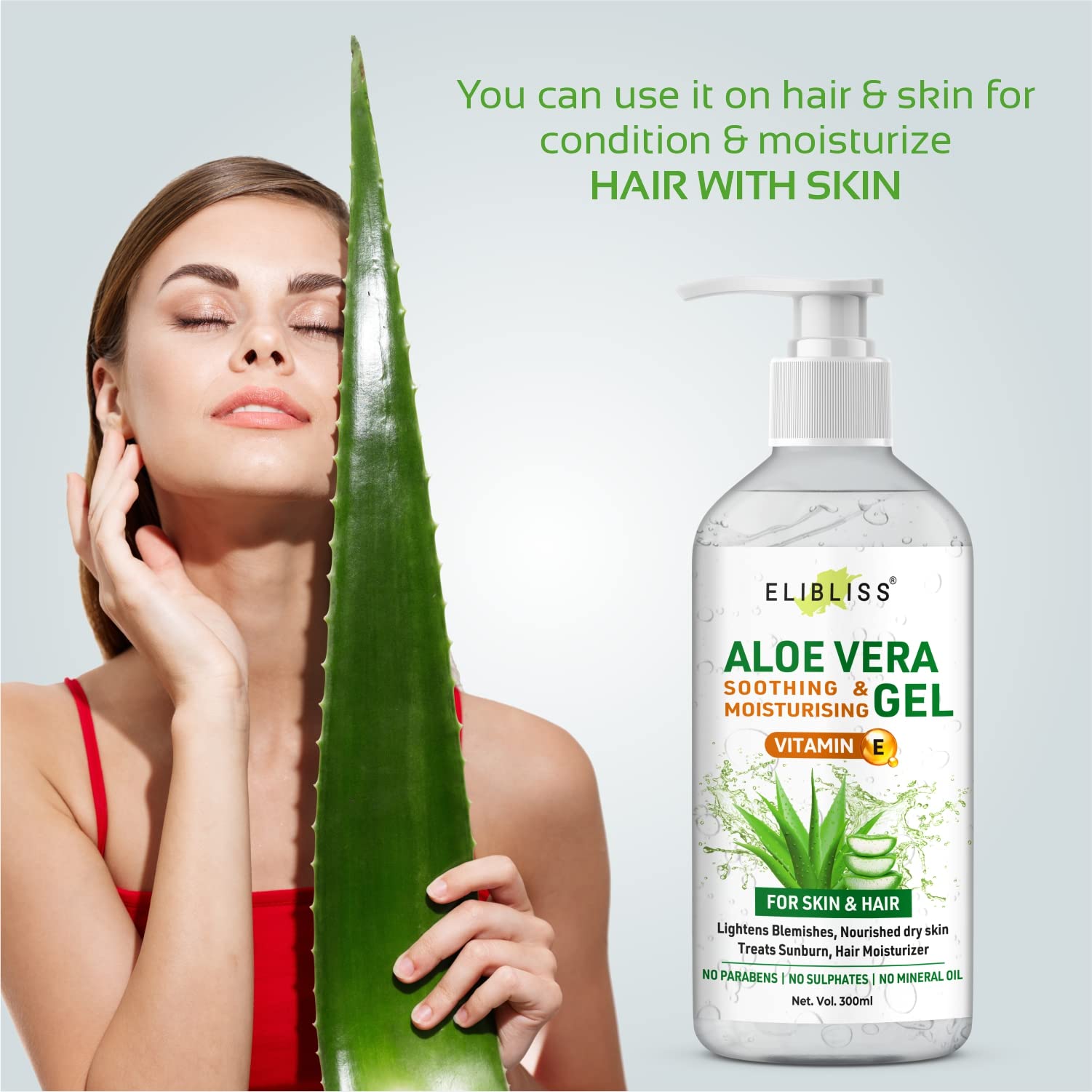 Pure Aloe Vera Gel with Vitamin E for Face & Hair Care - 300ml (Pack of 2) - Hydrating Moisturizer for Sunburn Relief, Dry Skin & Hair Treatment