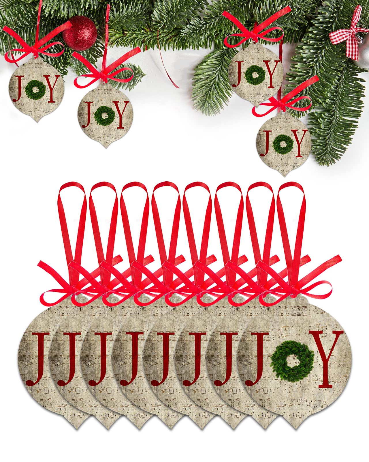 Vintage Farmhouse Christmas Ornaments - 8 Pack Wooden Grain Ceramic Hanging Decorations for Tree, Holiday, Home Decor | Two-Sided Printed Pine Garland | Perfect Gift for Women, Mom, Family | Ideal for Christmas Tree Decorating, Fireplace Mantel, Window Display & Holiday Parties