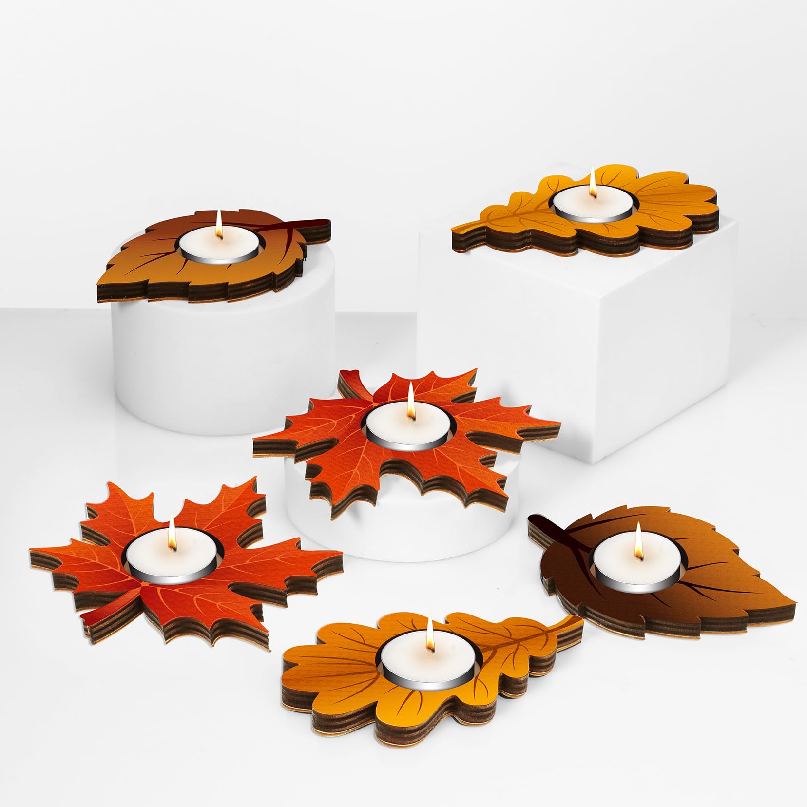 6 Pcs Fall Thanksgiving Candle Holders with 10 White Candles - Maple Leaf Harvest Table Centerpiece Decor, Tealight Holders for Home, Autumn Party, Mantel & Tabletop Decorations - Perfect for Thanksgiving Dinner, Fall Weddings & Cozy Home Ambiance