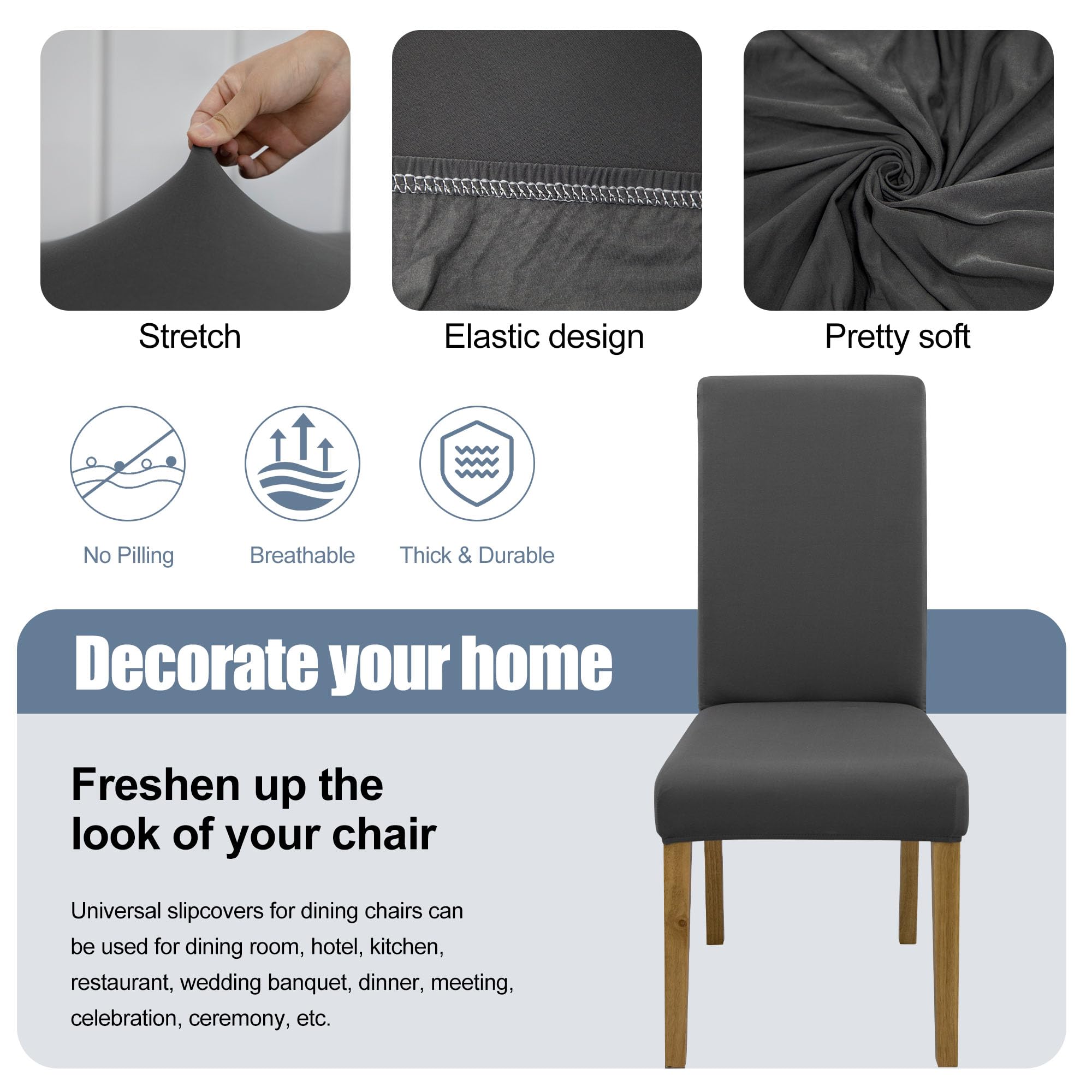 Stretch Washable Dining Chair Covers Set of 6 - Parsons Chair Slipcovers for Kitchen, Home & Restaurant - Protective Gray Fabric Covers for Banquet & Everyday Dining Use