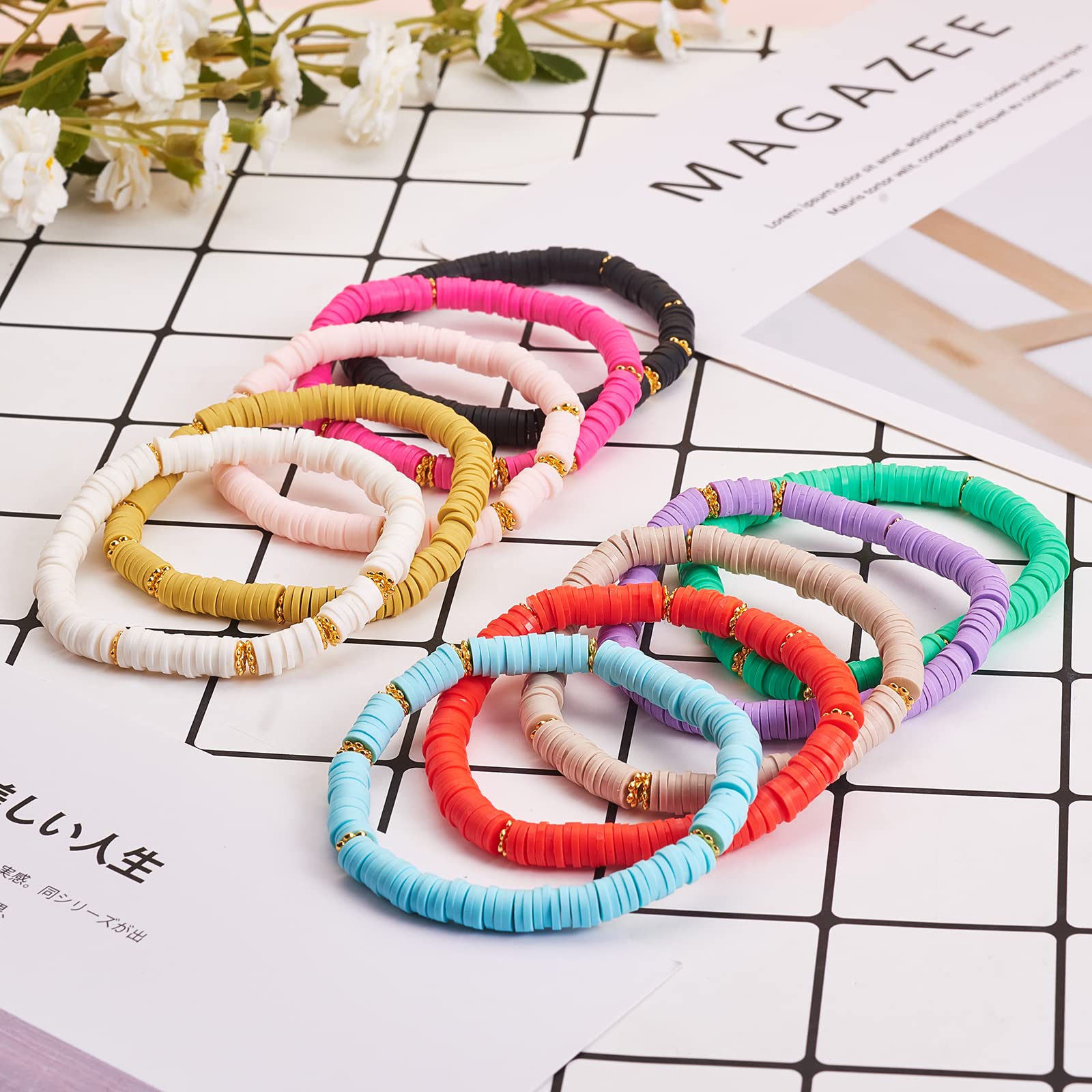 Ornaland 10 Pcs 10 Colors Heishi Surfer Stretch Bracelet Set - Polymer Clay Beaded Bohemian Jewelry for Women - Perfect for Summer, Beach, Festival & Boho Fashion Accessories