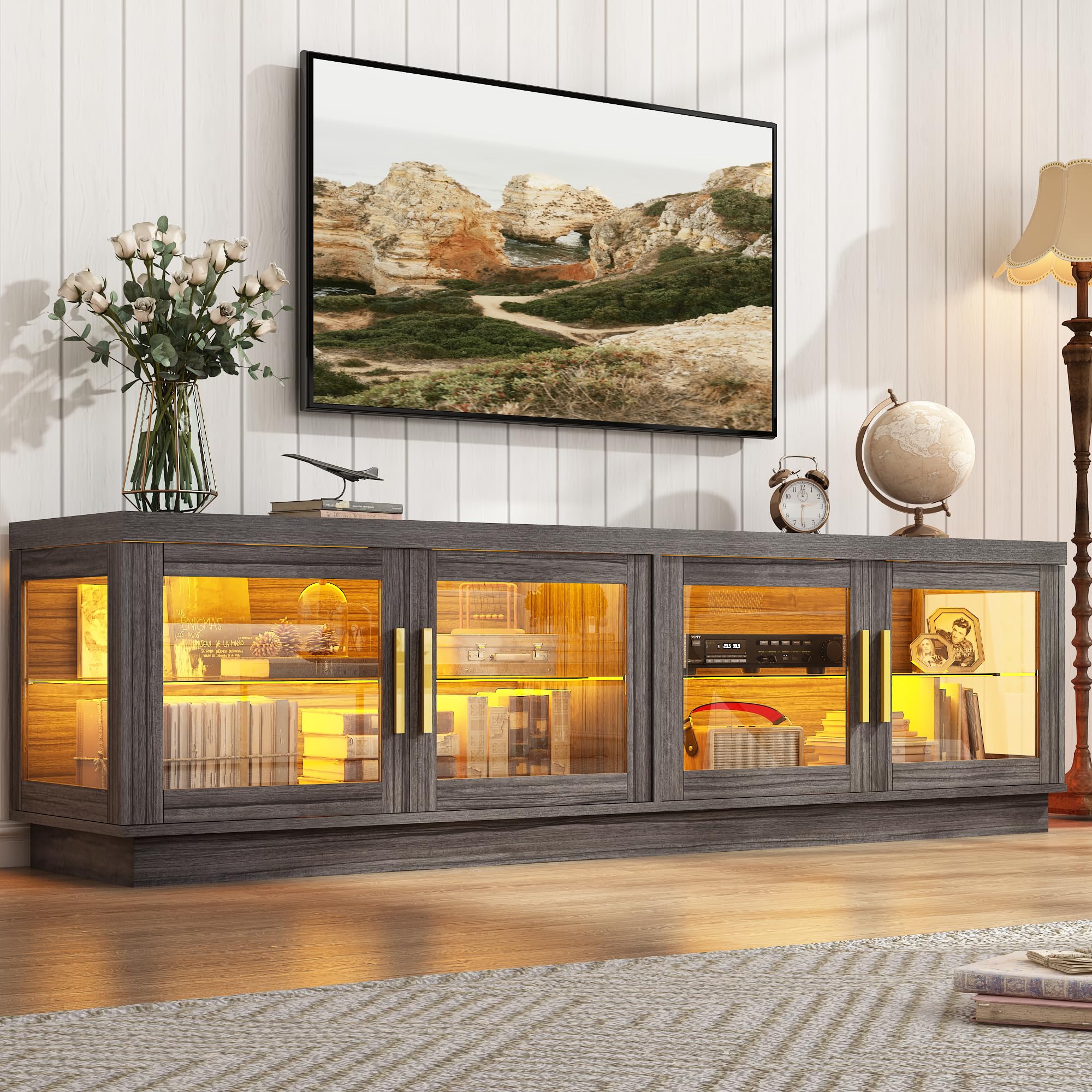 71IN Rustic Wood TV Stand for 85/80/75 Inch TVs - Farmhouse Style Entertainment Center with Storage Cabinet & Glass Doors - Perfect for Living Room, Home Theater & Media Room Setup
