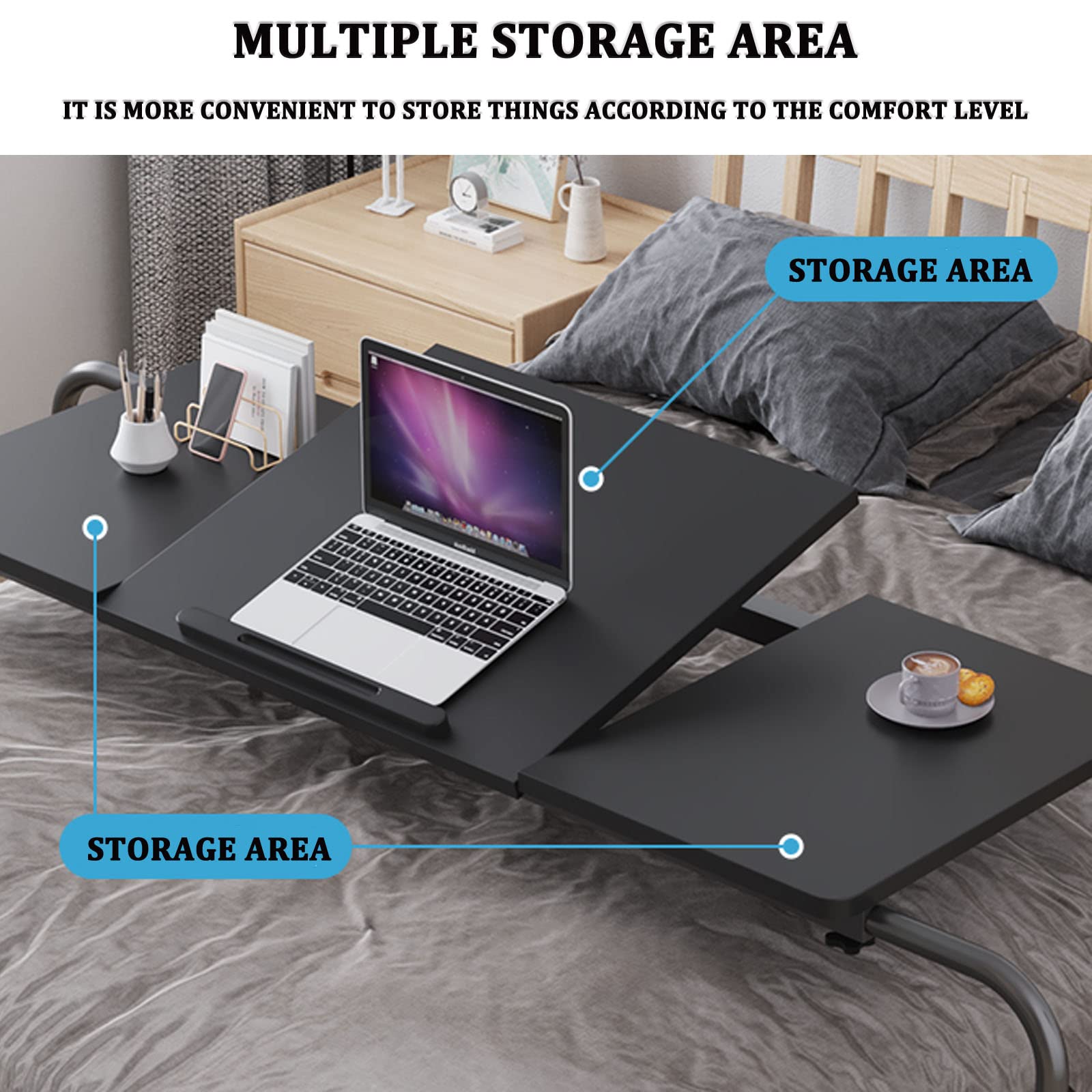 Cross-Bed Stretchable Adjustable Laptop Desk with Wheels - Portable Mobile Couch Snack Table, Multi-Functional Bedside Workstation for Home Office, Gaming, and Study