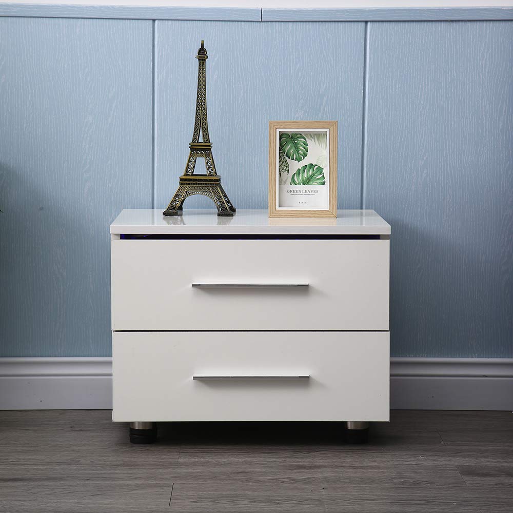 Modern White Square Nightstand with 2-Tier Storage & LED Backlight - Wooden Bedside Table for Small Spaces, Bedroom End Table with Charging Station - Perfect for Apartments, Dorms & Cozy Home Decor
