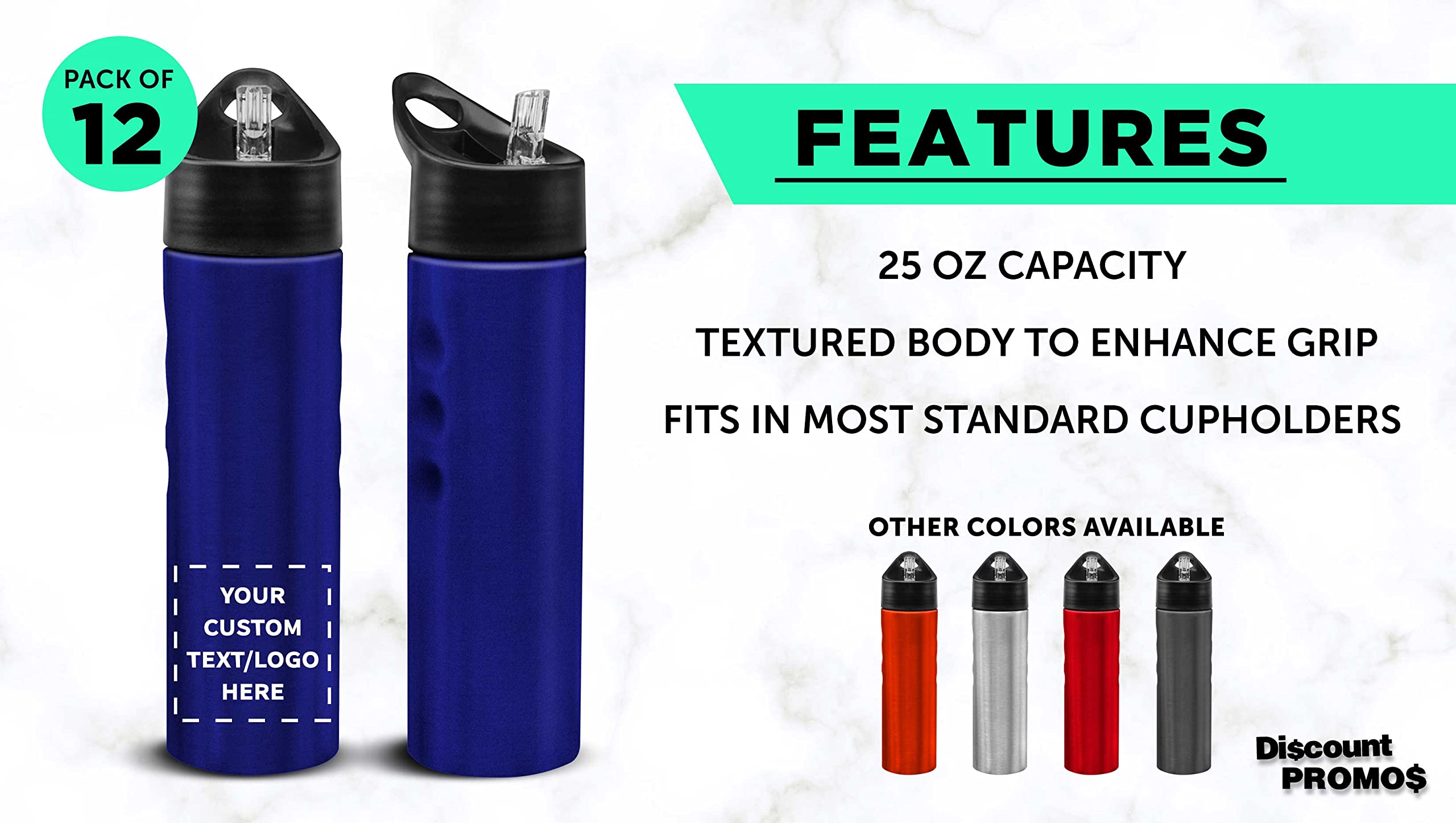Custom Slim Stainless Steel Water Bottles 25oz (12 Pack) - Personalized Text & Logo - Reusable Gym & Sports Bottles - Bulk Pack - Blue - Perfect for Workouts, Hiking, Office & Outdoor Activities