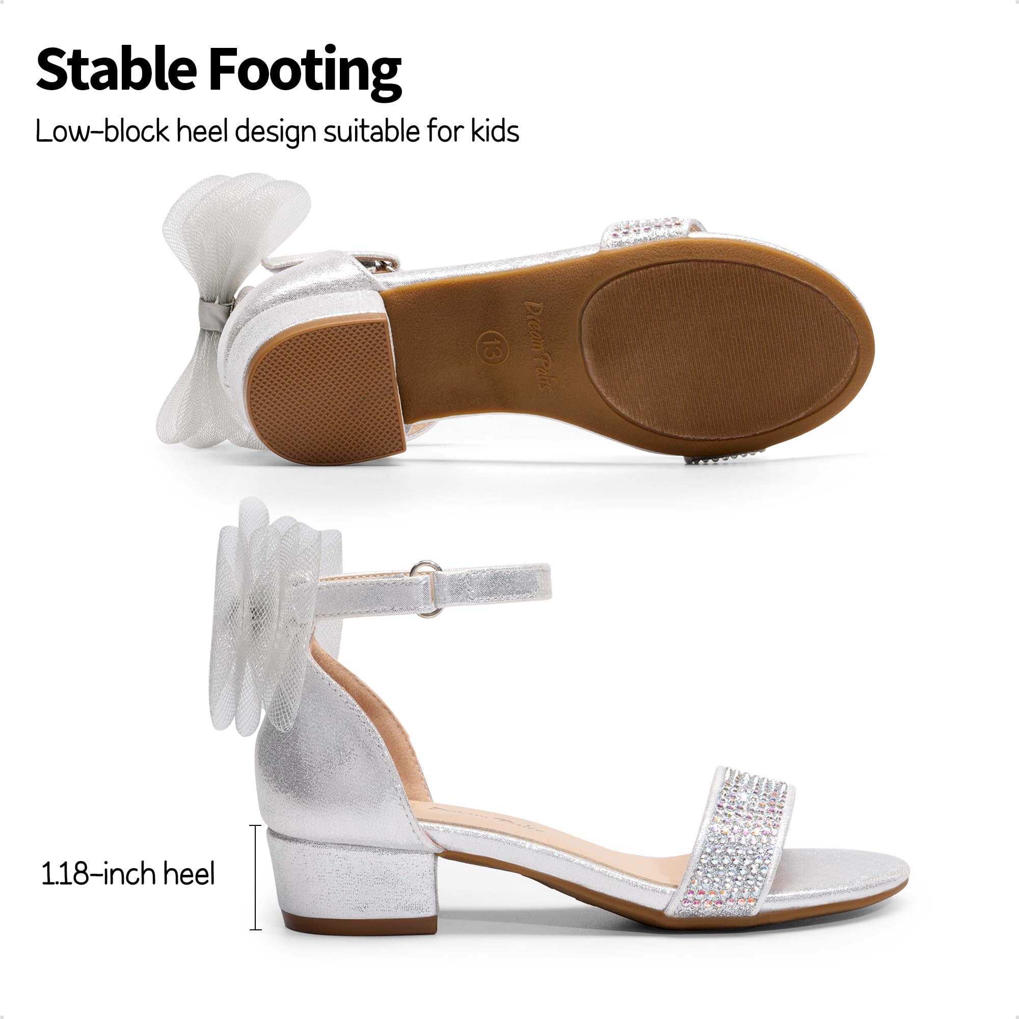 **Dream Pairs Girls' Low Heel Sandals with Interchangeable Bow & Flower Ankle Straps – Dress Pump for Weddings, Parties, and Special Occasions**    *(Perfect for flower girls, birthday celebrations, and formal events – stylish and comfortable for little and big kids!)*