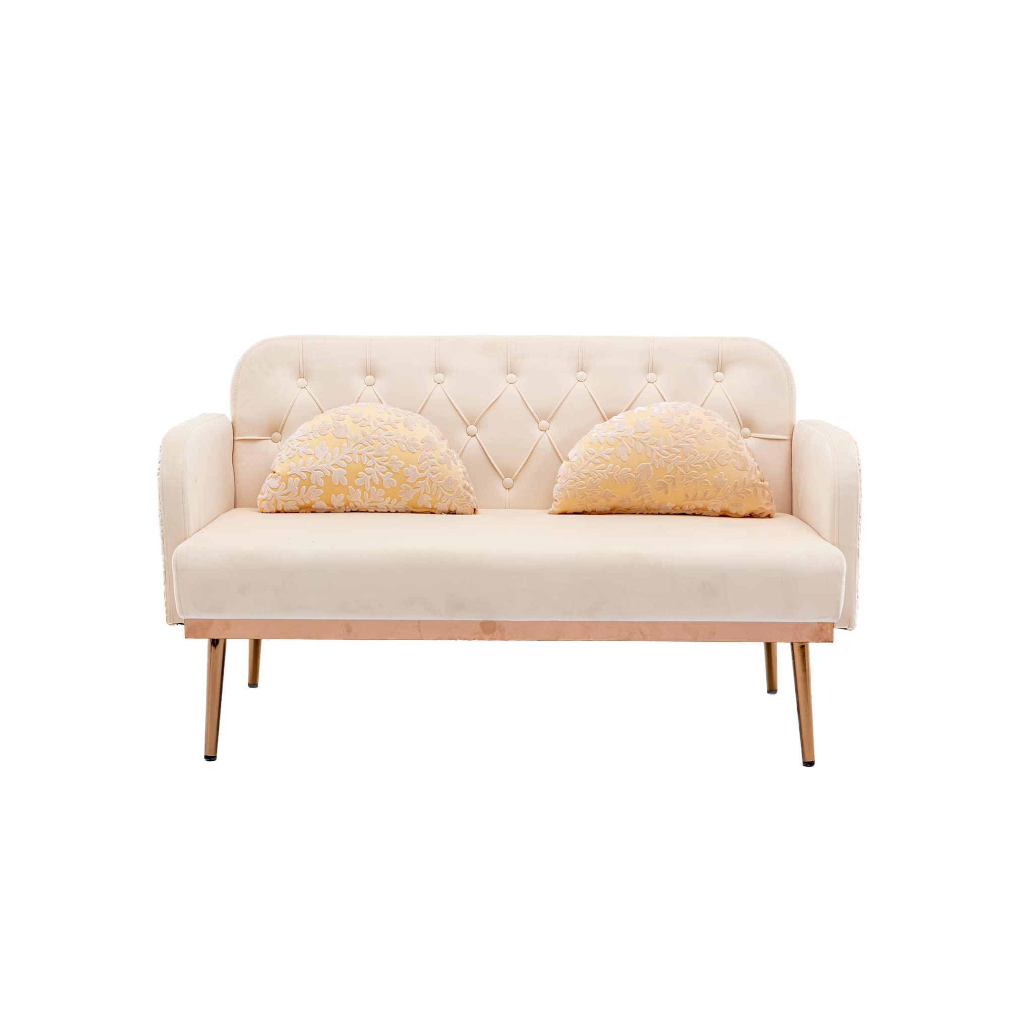 Luxury Velvet Loveseat Sofa - Tufted Backrest Accent Couch with Moon-Shaped Throw Pillows & Sturdy Metal Legs (Beige) | Perfect for Living Room, Bedroom & Small Space Decor