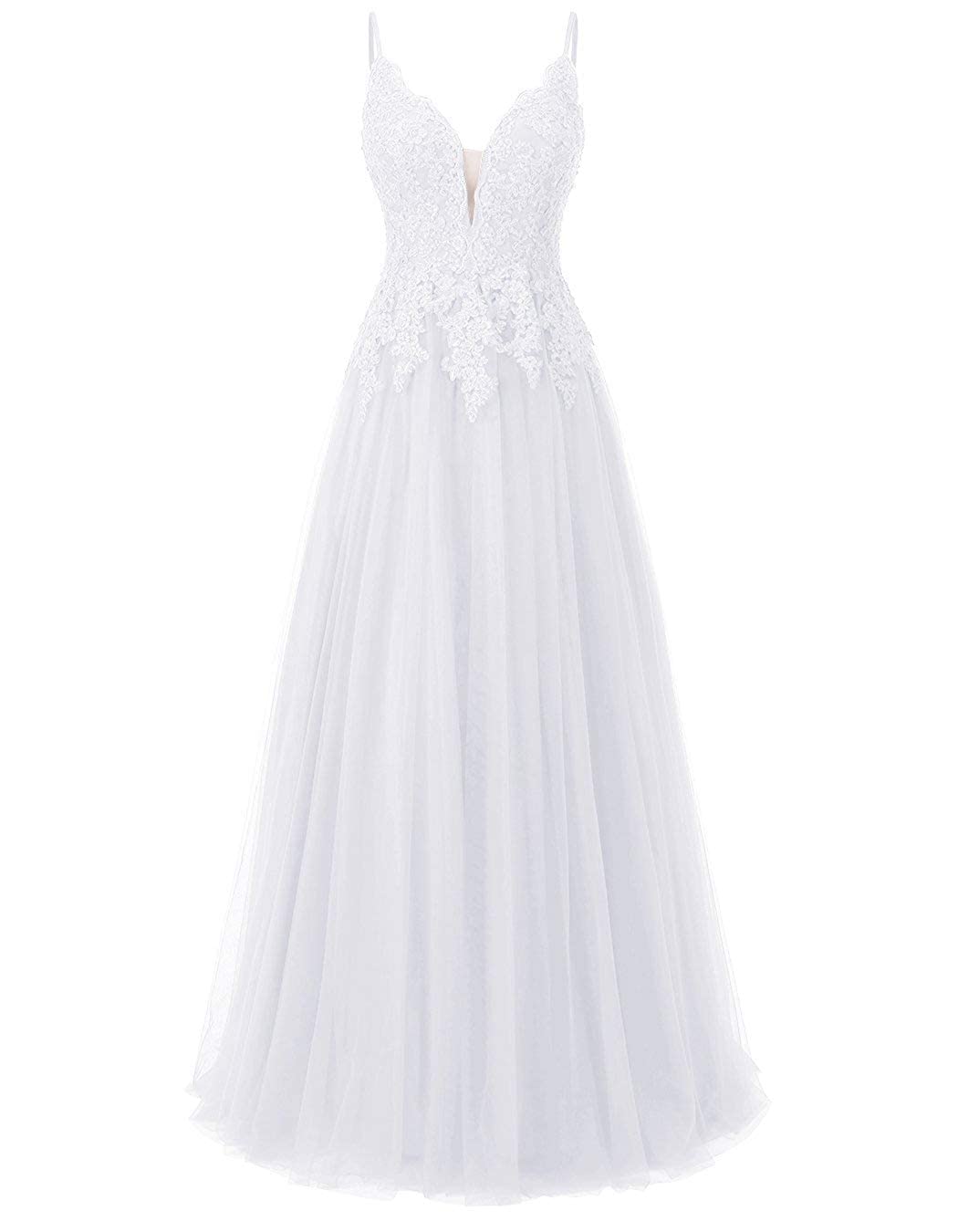 Elegant Lace V-Neck Tulle Wedding Dress with Spaghetti Straps | Beach Bridal Gown for Outdoor Ceremonies & Romantic Photos