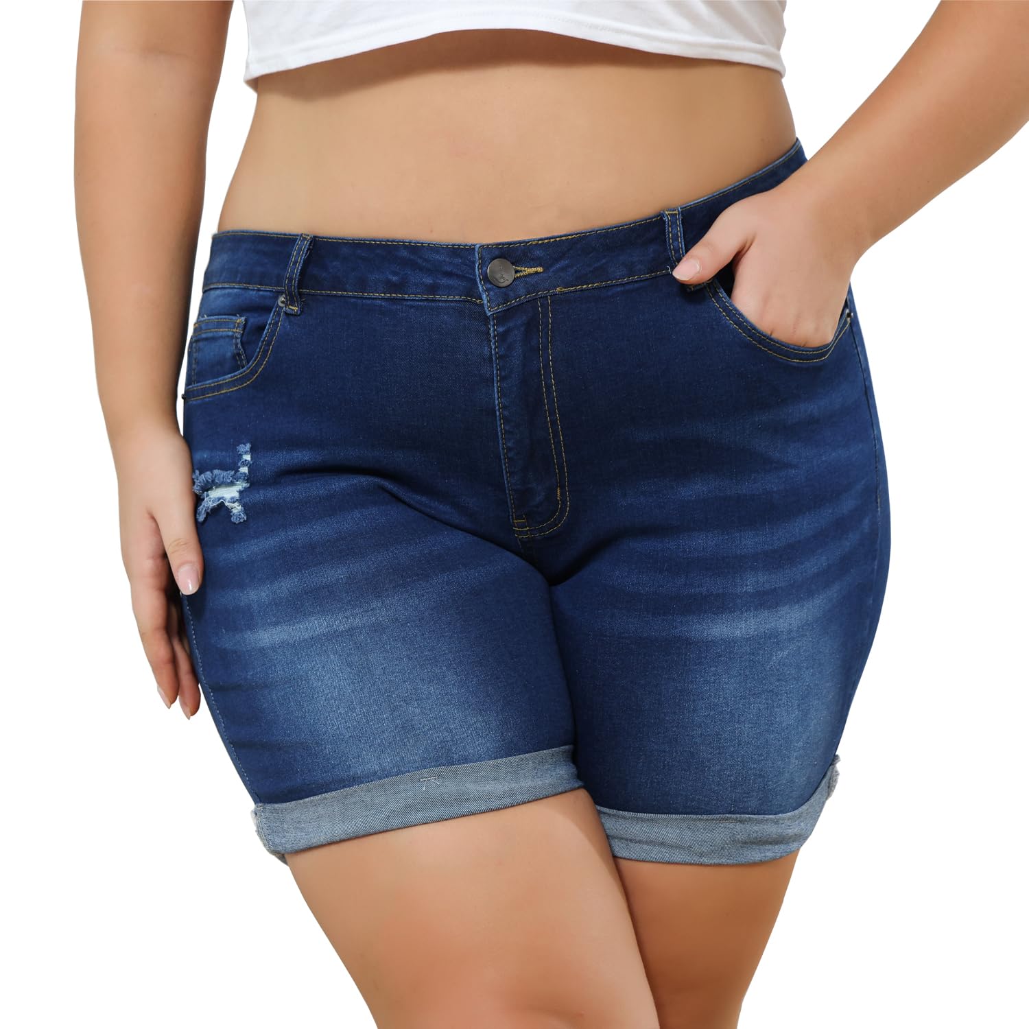 Plus Size Women's Ripped Denim Jean Shorts - High Waisted Stretchy Folded Hem Shorts for Summer | Casual Outfit, Beach Wear, Street Style Fashion