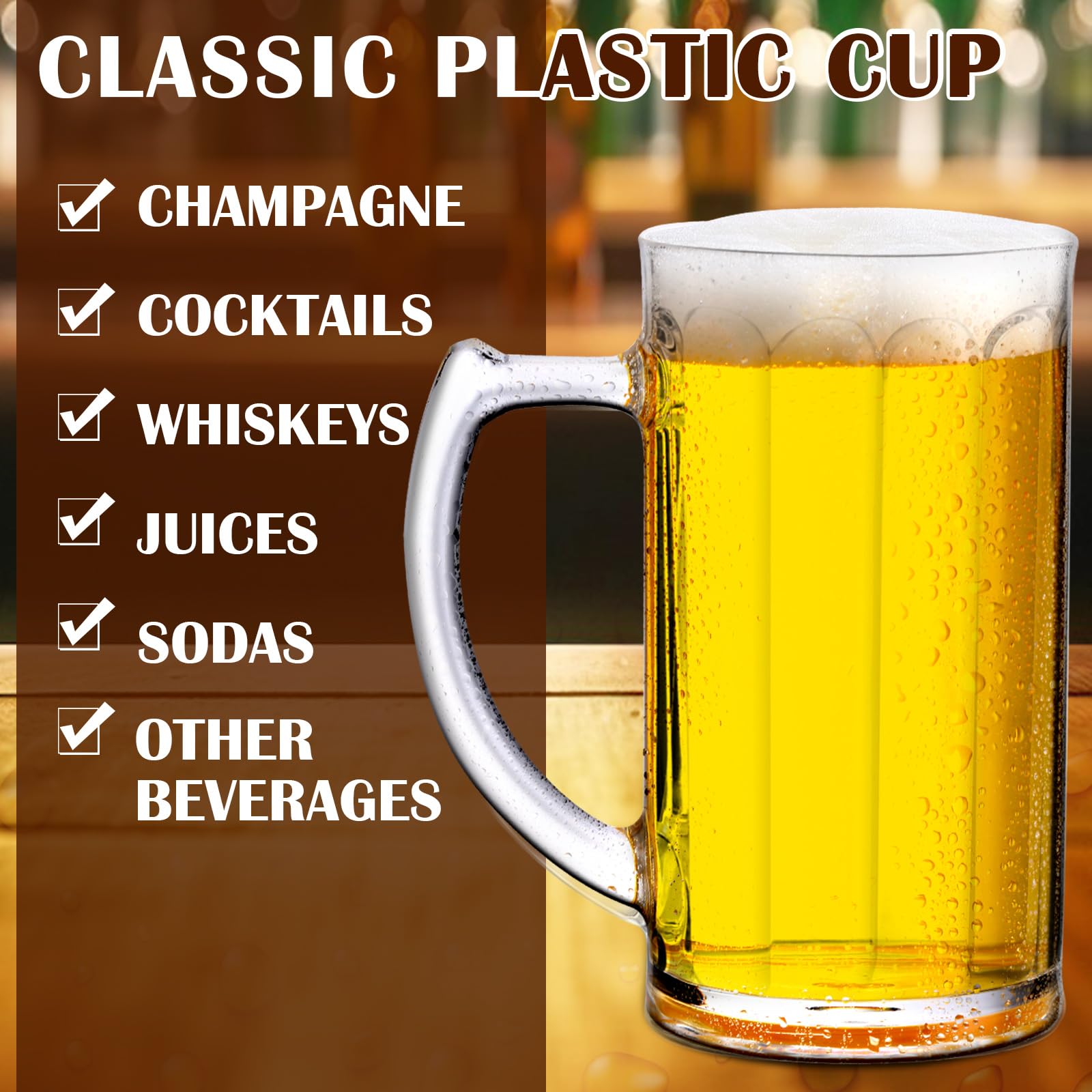 Domensi 12-Pack 12 oz Clear Plastic Beer Mugs with Handles - Reusable, Shatterproof, Dishwasher Safe Drinking Glasses for Beer, Whiskey, Juice, Coffee, Tea & Cocktails - Perfect for Parties, BBQs, Bars, and Outdoor Events