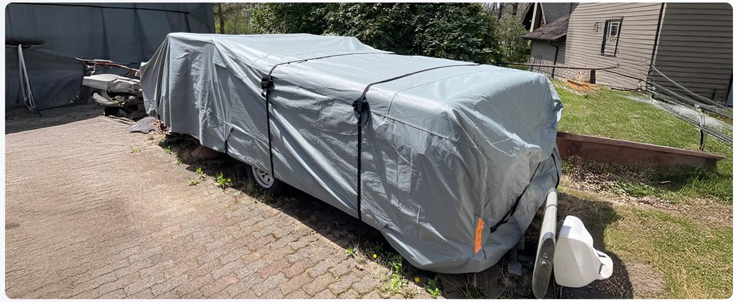 Tuszom 7-Layer Waterproof Pop Up Camper Cover - Heavy Duty RV Trailer Cover for Winter Snow Protection | Windproof with 5+2 Reinforced Straps | 10'-12' Folding Camping Cover (7-Layer Non-Woven Fabric) | Perfect for Outdoor Storage & Seasonal Vehicle Protection