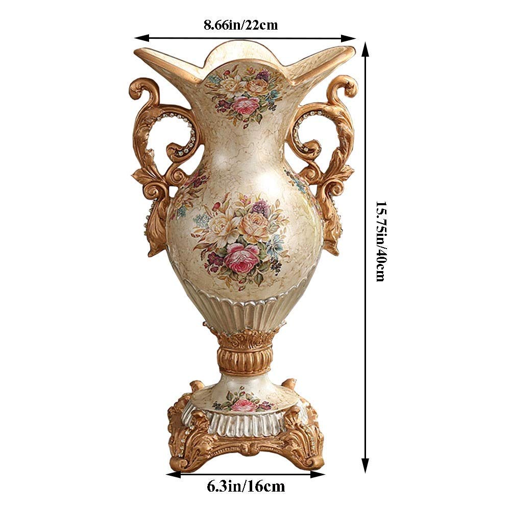 European-Style Retro Resin Large Flower Vase - Hand-Painted Tall Decorative Vase for Home Decor (16×40×22cm, Beige) | Perfect for Living Room, Dining Table Centerpiece, Bedroom, Kitchen, Office & Hotel Decorations