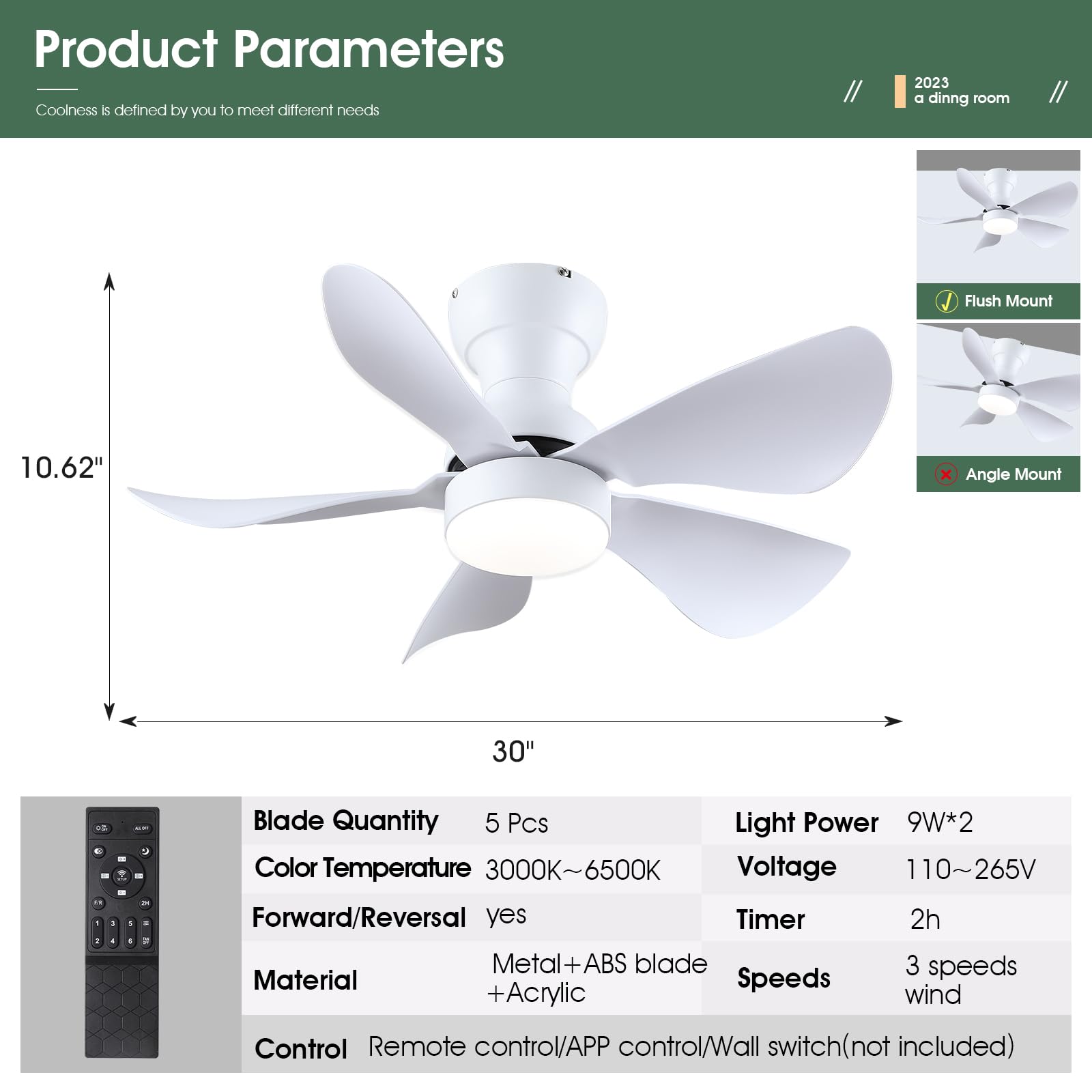30 Inch Low Profile Ceiling Fan with Lights - Remote/APP Control, 5 Reversible Blades, 3 Color Dimmable LED & 6 Speeds - Perfect for Bedroom, Kitchen, Dining Room (White) | Energy Efficient & Quiet Operation for Year-Round Comfort