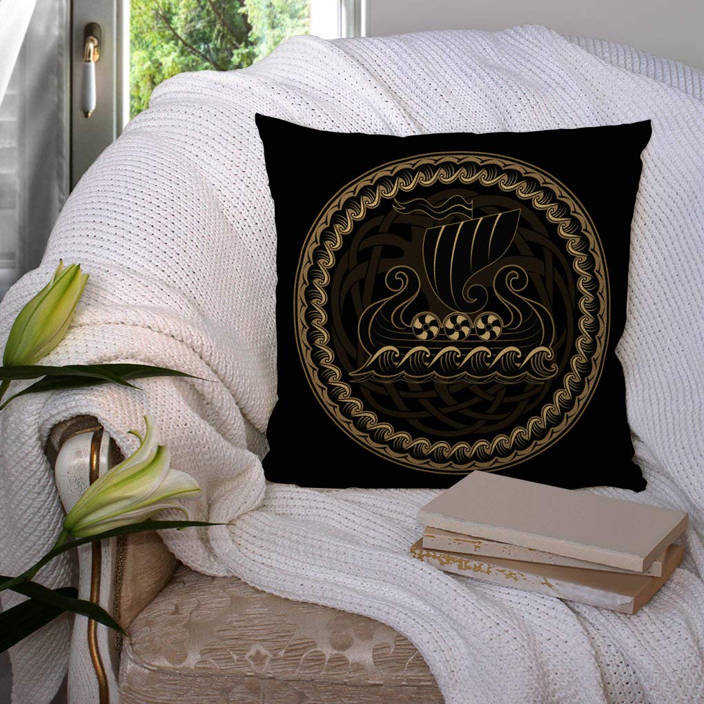 Viking Ship Throw Pillow Cover 18x18 Inch - Norse Drakkar Boat Historical Design, Black Celtic Cotton Linen Decorative Pillow Case for Living Room, Bedroom, Sofa Decor