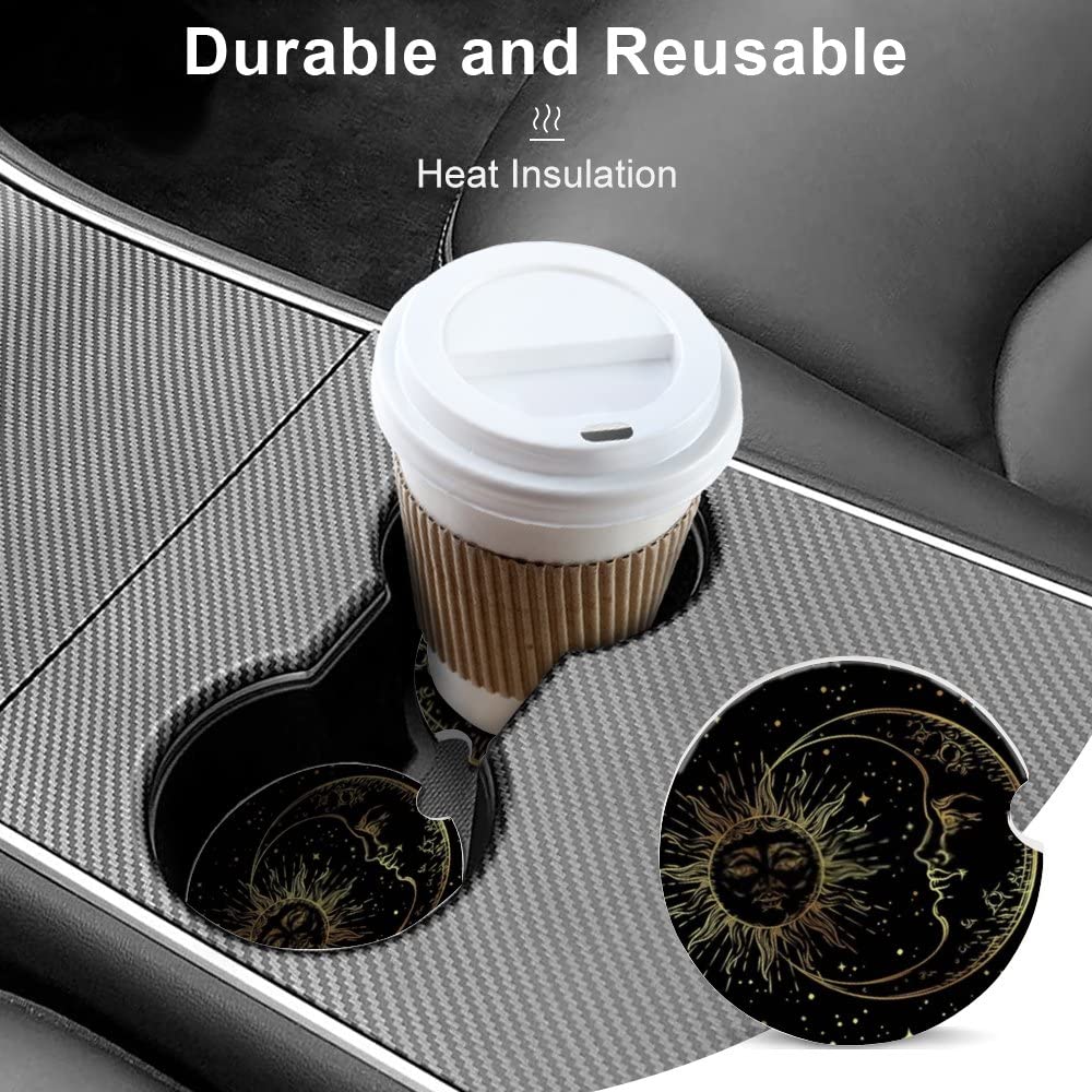6-Pack Absorbent Ceramic Car Coasters - Golden Sun, Crescent Moon & Stars Boho Design | Non-Slip Drink Coasters for Cup Holders | Perfect Car Accessories Gift for Men & Women | Ideal for Road Trips, Commuting & Daily Driving