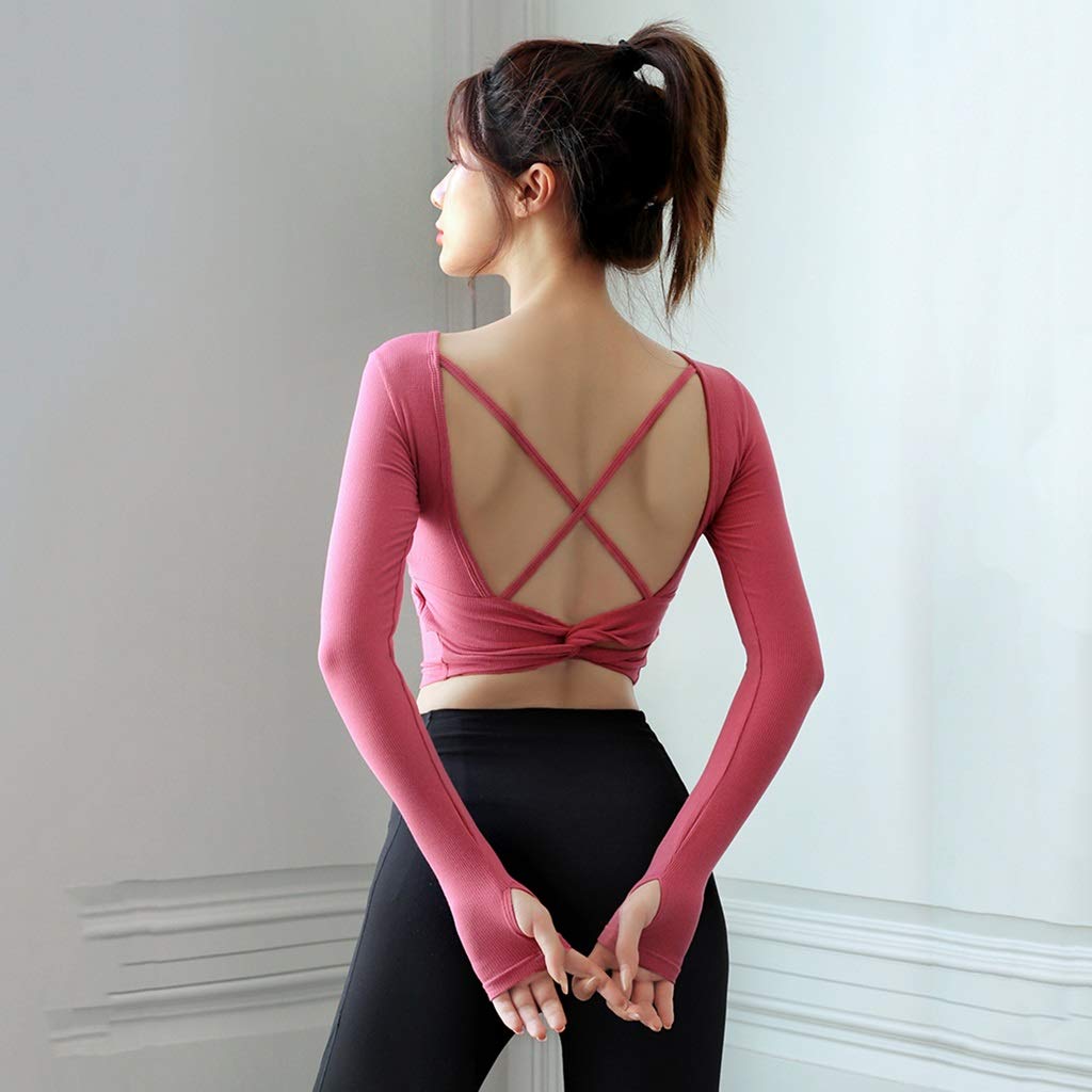 UXZDX CUJUX Women's Long Sleeve Cross Back Yoga Top - Plus Size Workout Shirt with Chest Pad for Running, Gym & Fitness | Breathable Crop Top for Yoga, Pilates & Cardio (Medium)