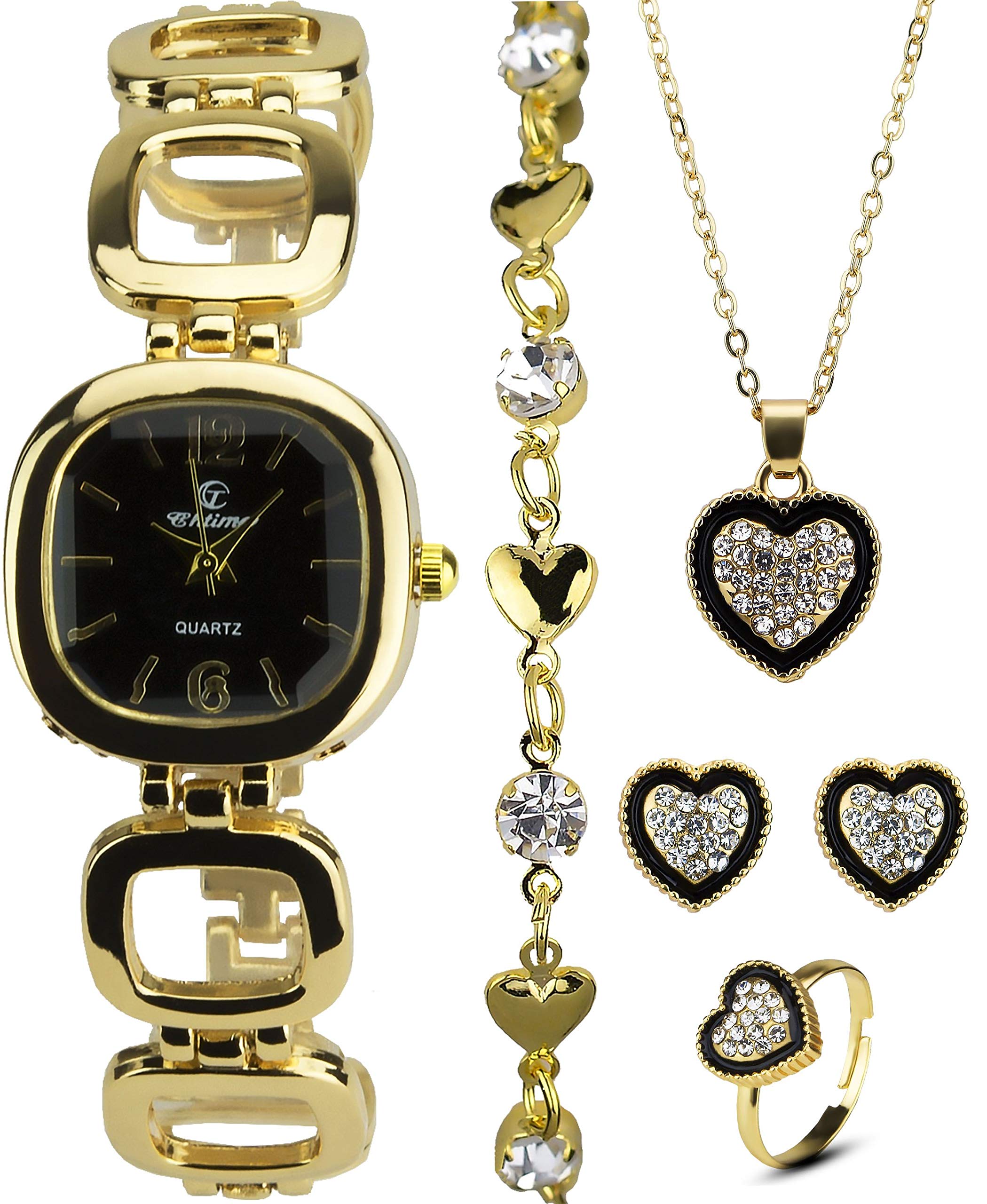 Elegant Women's Watch & Jewelry Gift Set - Black Watch, Necklace, Ring, Earrings & Band - Perfect for Birthdays, Anniversaries & Special Occasions