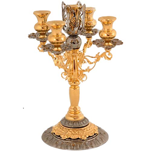 Gold Plated Religious Candle Holder for 5 Candles - 5 Inch Church Altar Decor, Home Prayer Table Centerpiece, Catholic Christian Wedding Ceremony Accessories