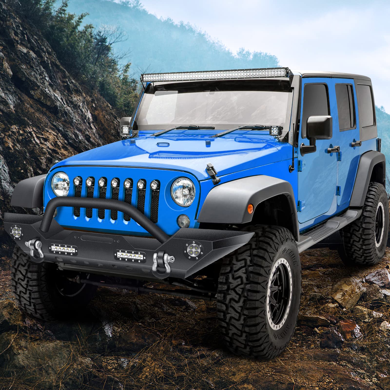 ECCPP Heavy Duty Front Bumper with Winch Plate & LED Lights for 2007-2018 Jeep Wrangler JK | Off-Road Adventure & Rock Crawling Protection